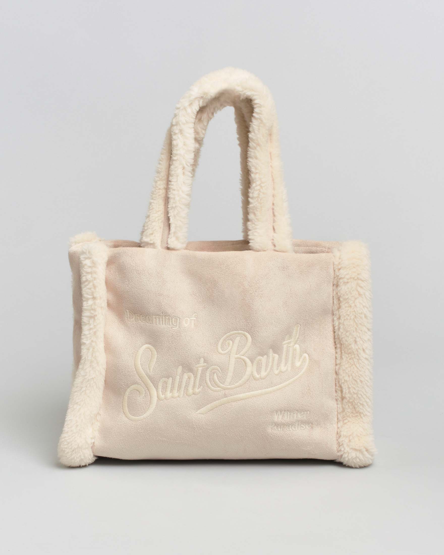 Borsa Colette MC2 Saint Barth beige effetto suede con profili teddy con scritta logo ricamata tono su tono