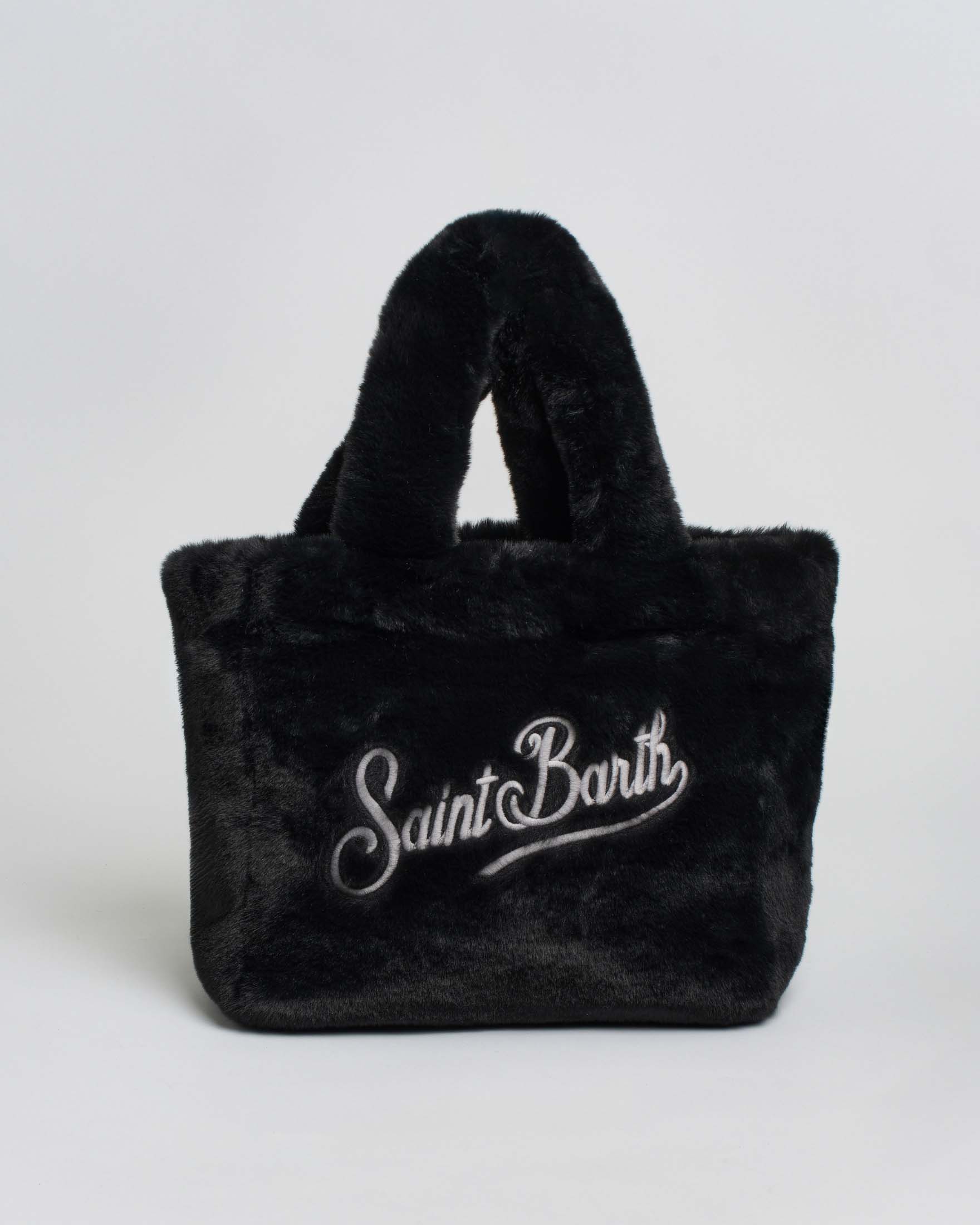 Borsa Colette MC2 Saint Barth nera in ecopelliccia effetto visone con scritta logo ricamata a contrasto di colore