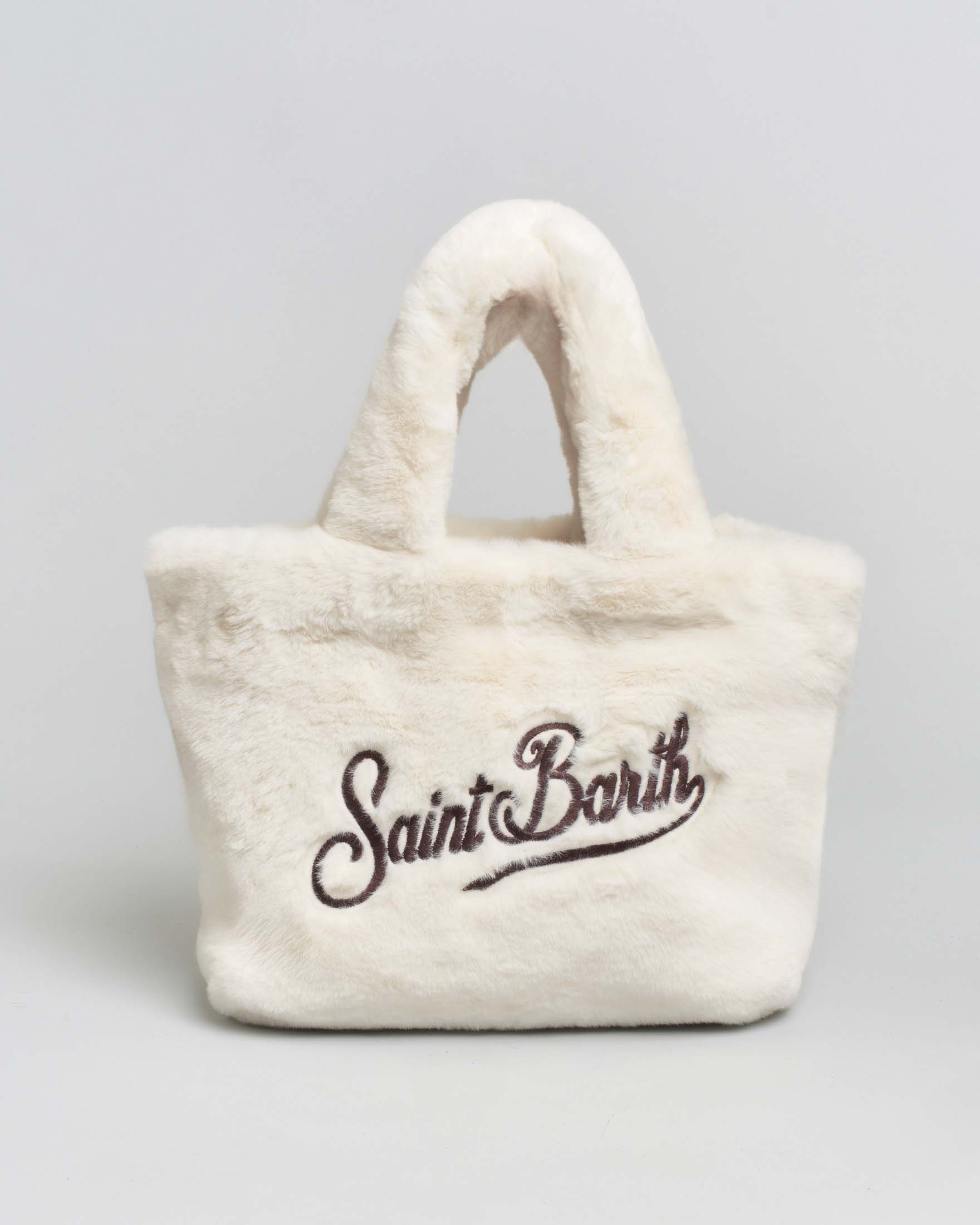 Borsa Colette MC2 Saint Barth bianca in ecopelliccia effetto visone con scritta logo ricamata a contrasto di colore