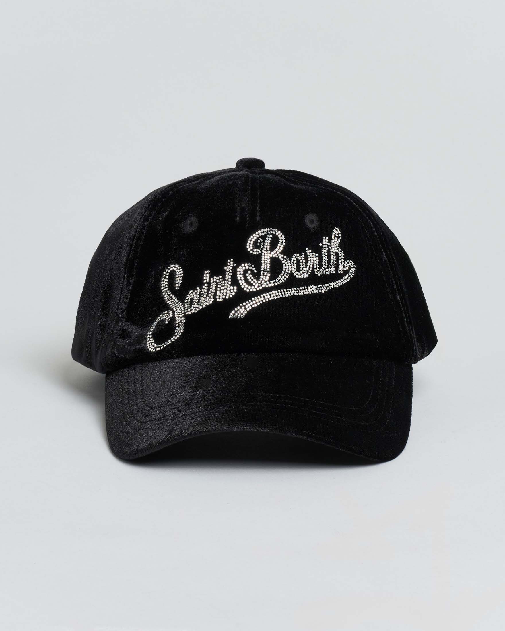 Berretto nero MC2 Saint Barth in velluto con scritta logo strass
