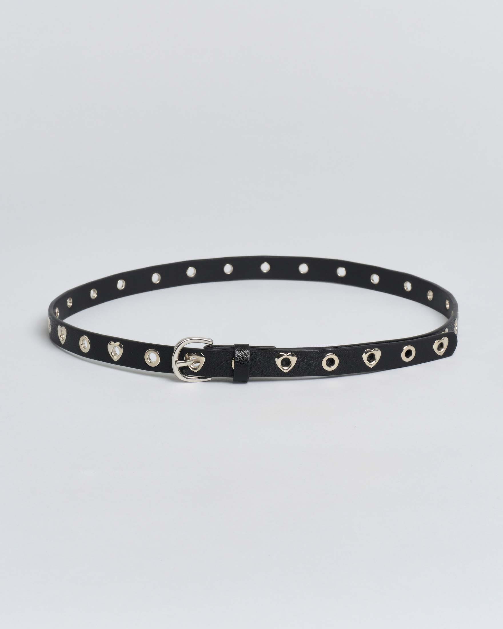 Cintura sottile nera Hlo! in similpelle liscia con borchie in metallo tonde e a cuore