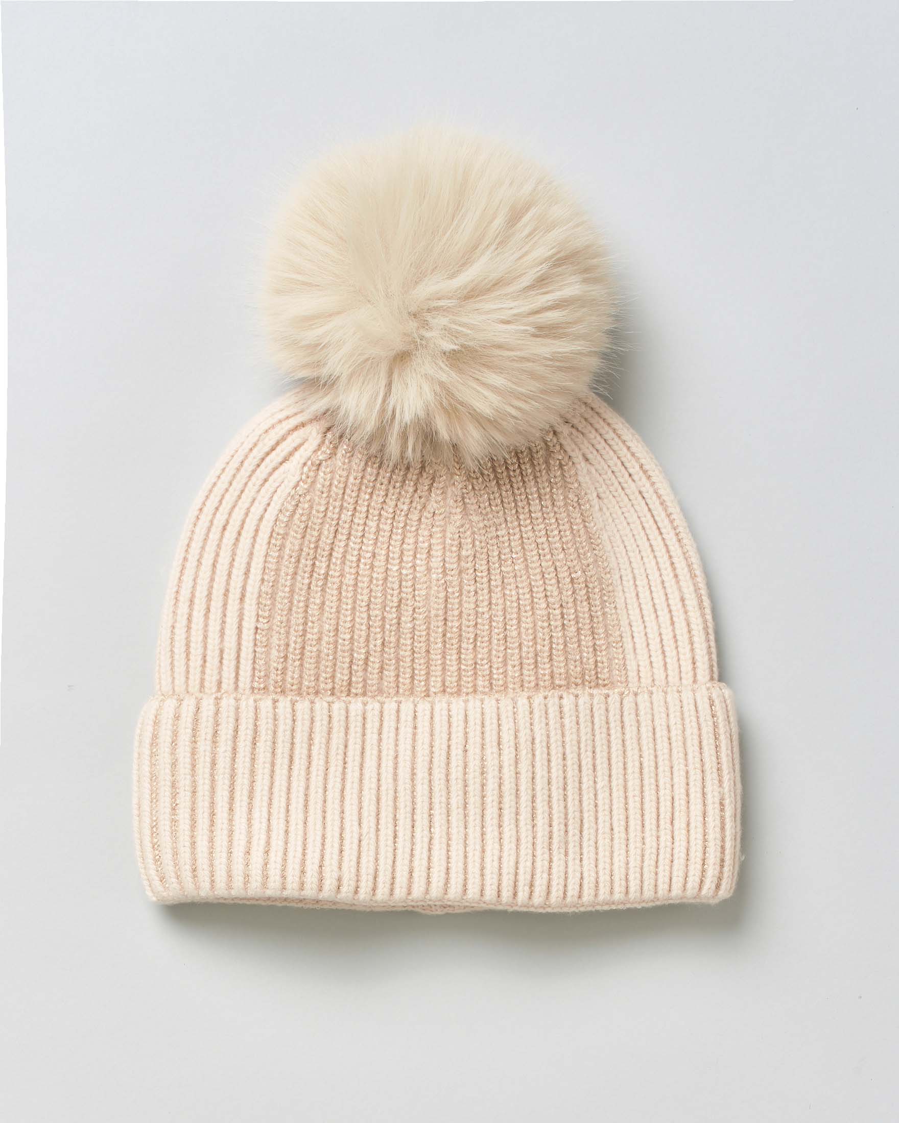 Berretto beige Hlo! in lana a coste con inserto a contrasto di colore e pon pon in ecopelliccia