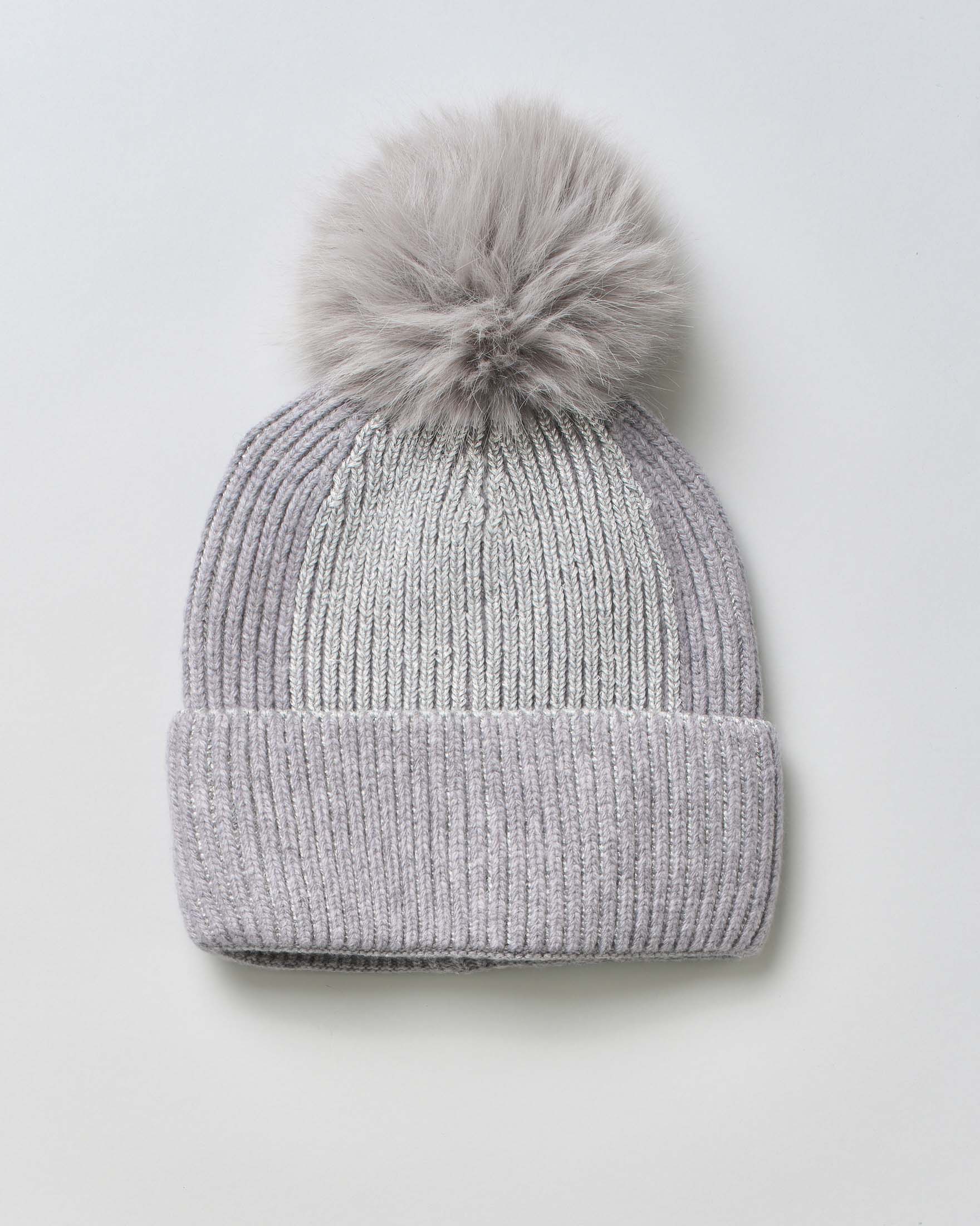 Berretto grigio Hlo! in lana a coste con inserto a contrasto di colore e pon pon in ecopelliccia