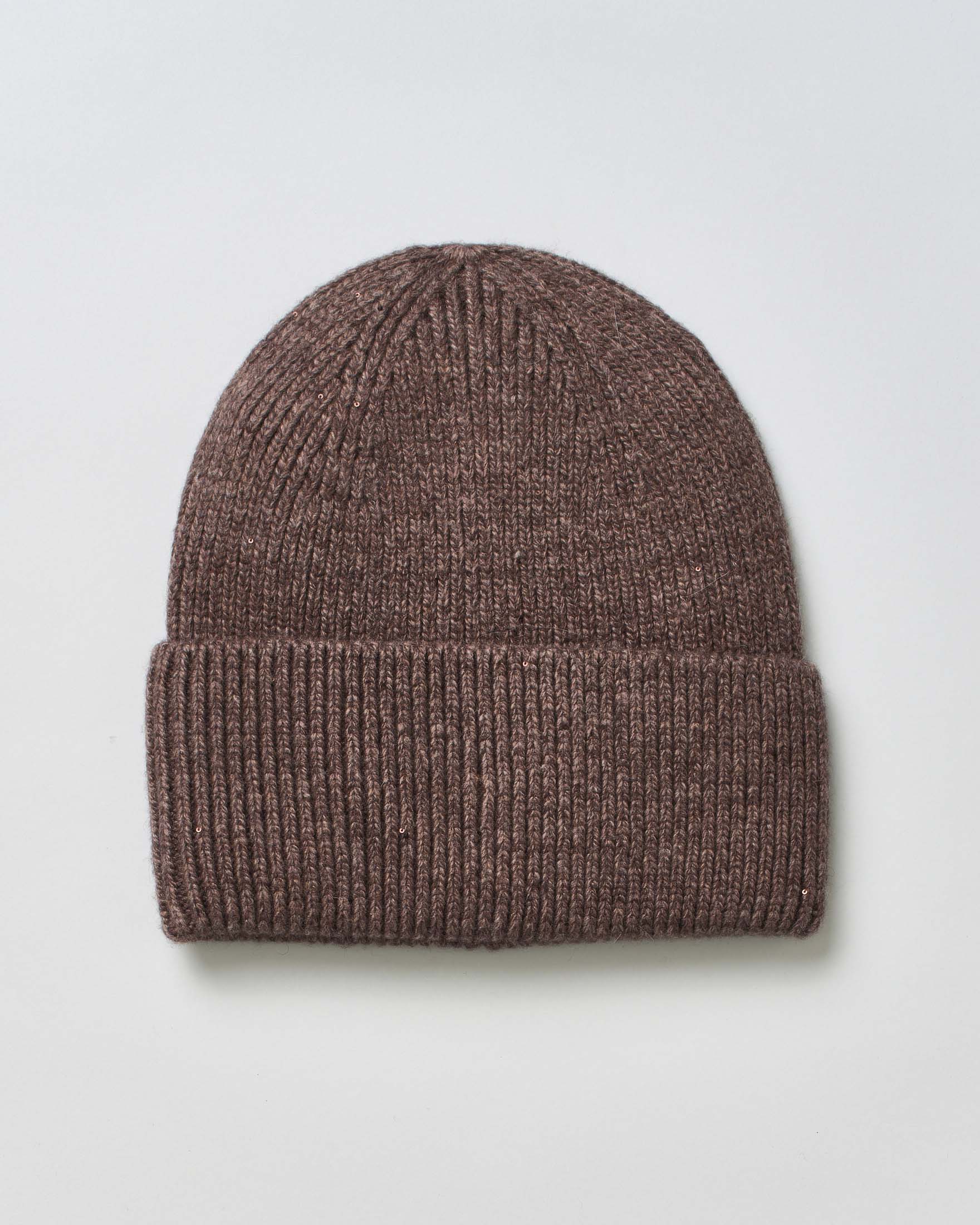 Berretto marrone melange Hlo! in misto lana coste con risvolto e micro paillettes cucite