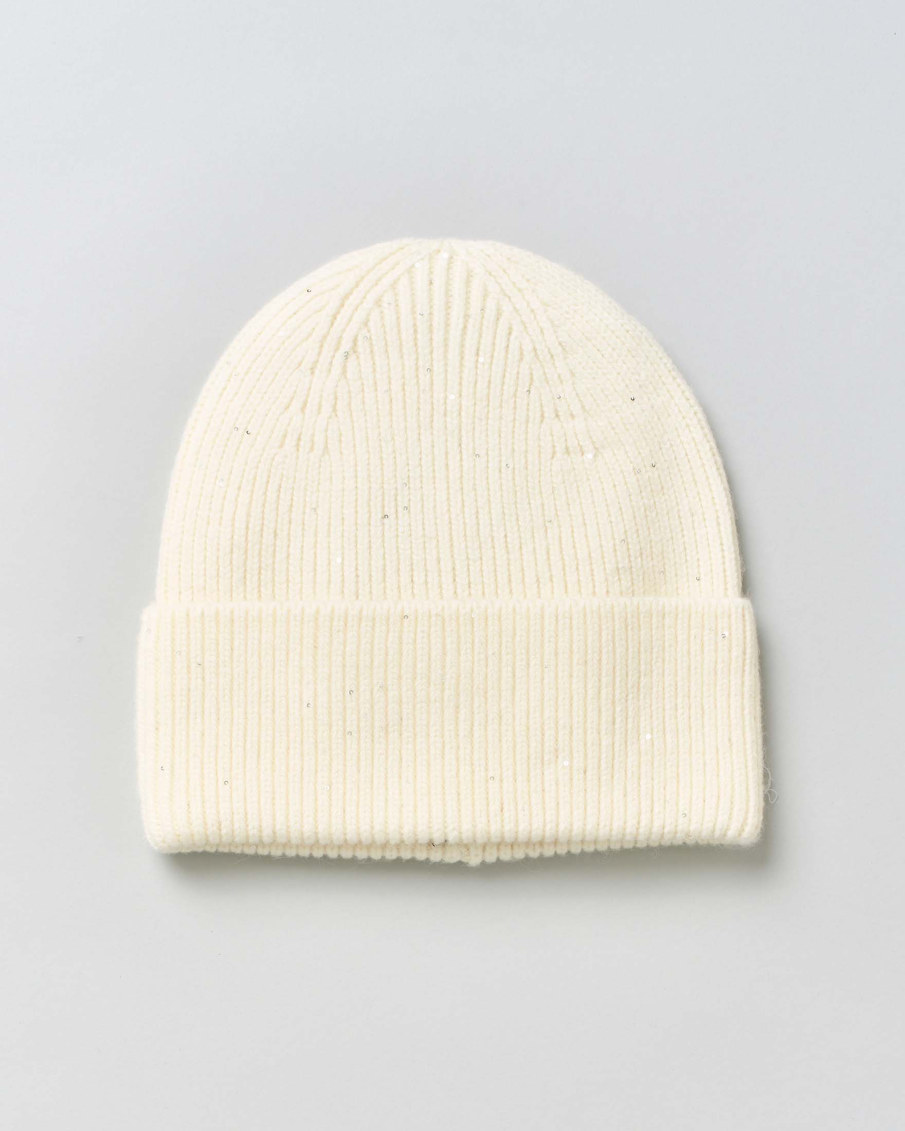 Berretto color panna Hlo! in misto lana coste con risvolto e micro paillettes cucite