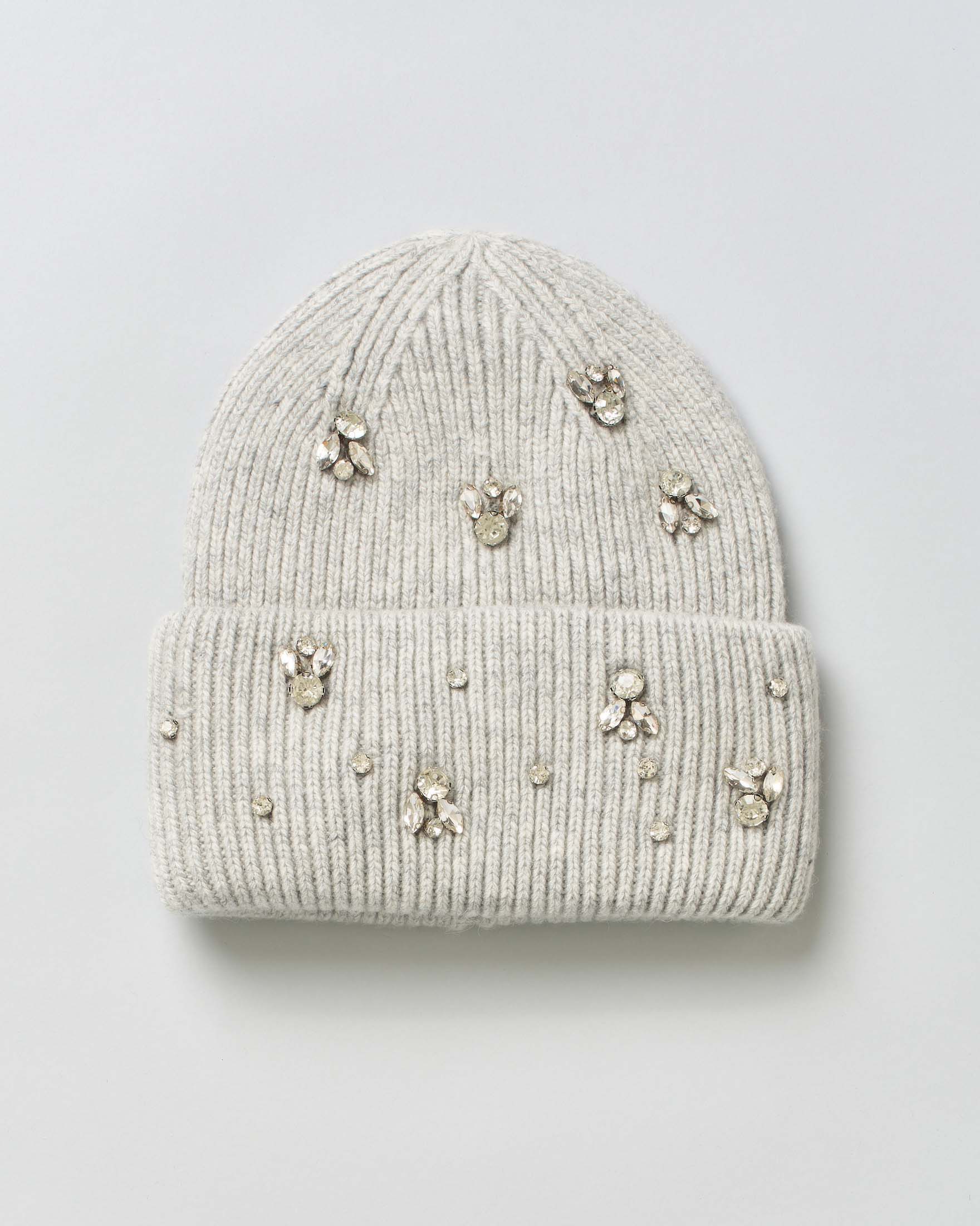Berretto grigio Hlo! in misto lana con risvolto a coste e strass gioiello applicati sul davanti