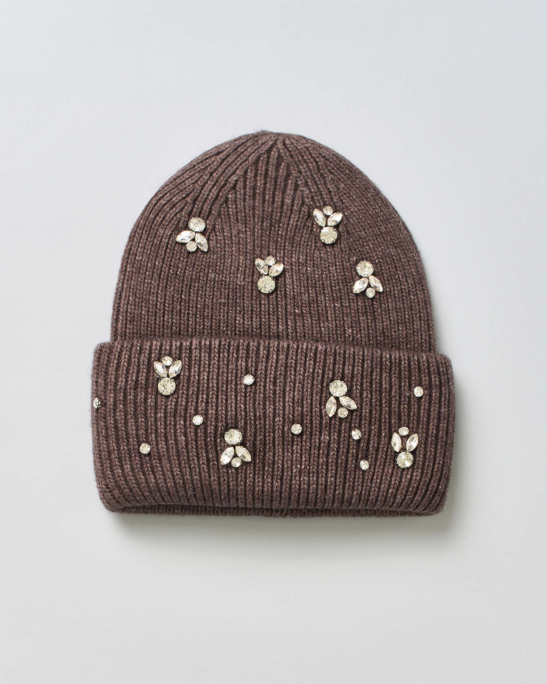 Berretto marrone Hlo! in misto lana con risvolto a coste e strass gioiello applicati sul davanti