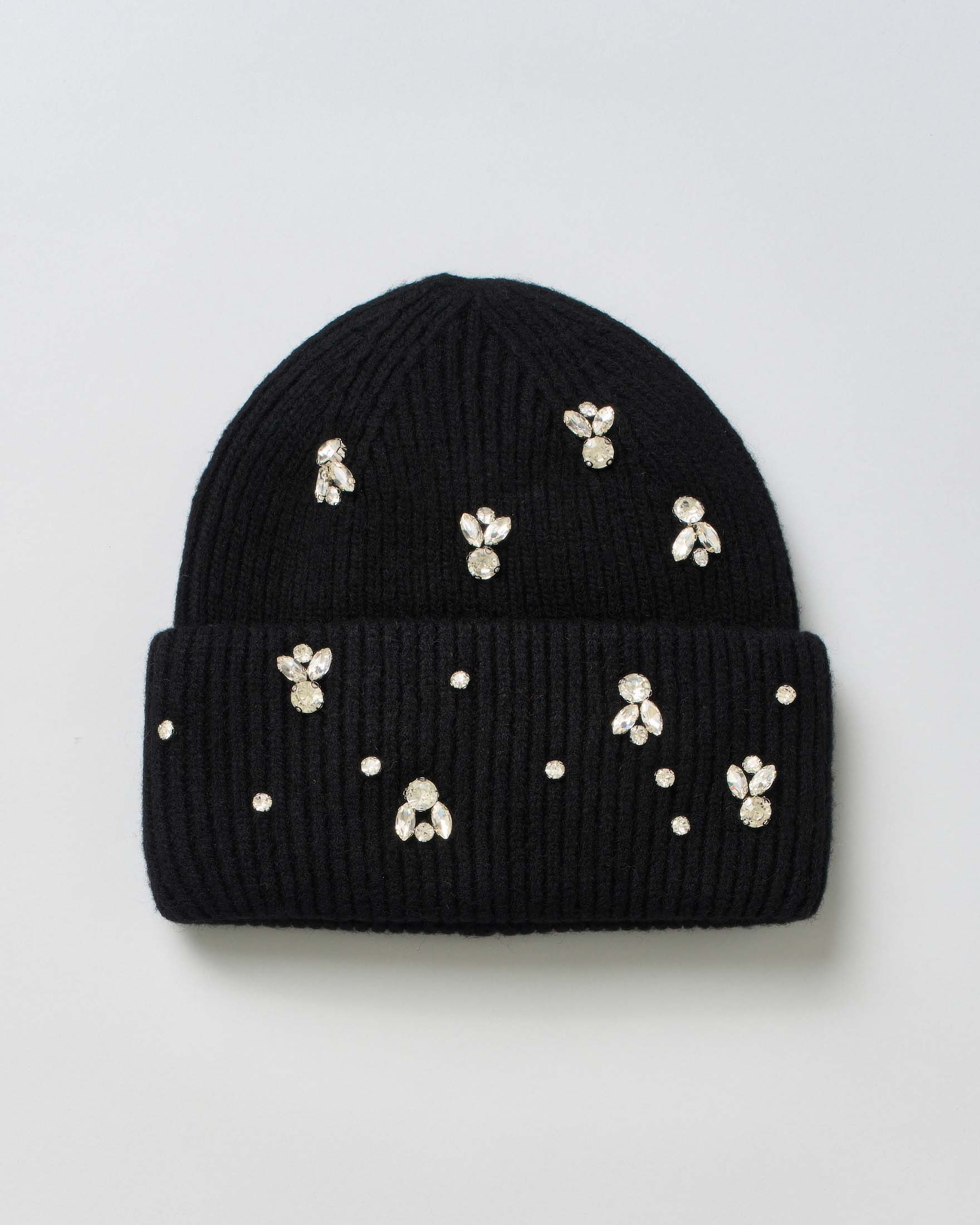 Berretto nero Hlo! in misto lana con risvolto a coste e strass gioiello applicati sul davanti