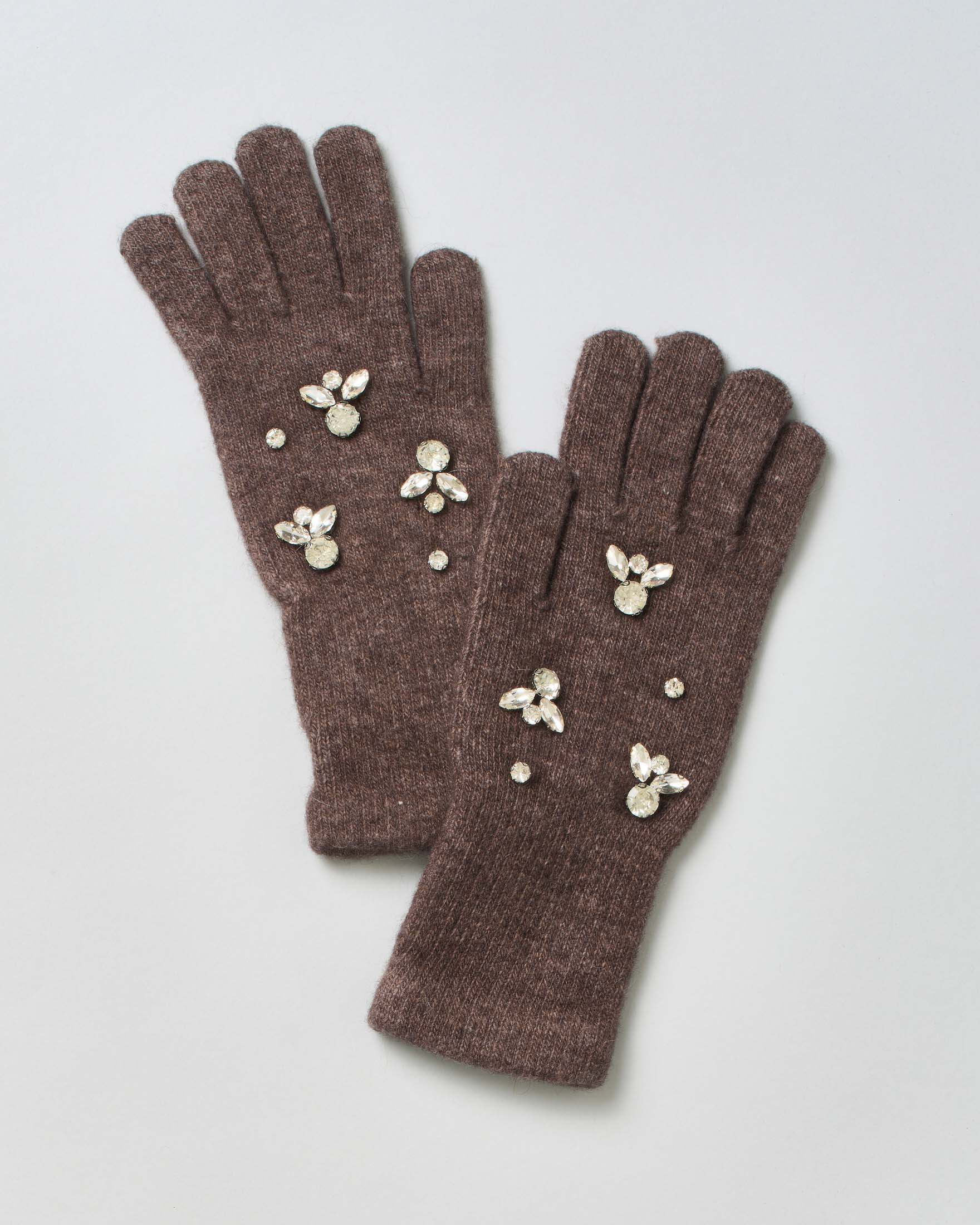 Guanti marroni Hlo! in misto lana con strass gioiello applicati sul dorso