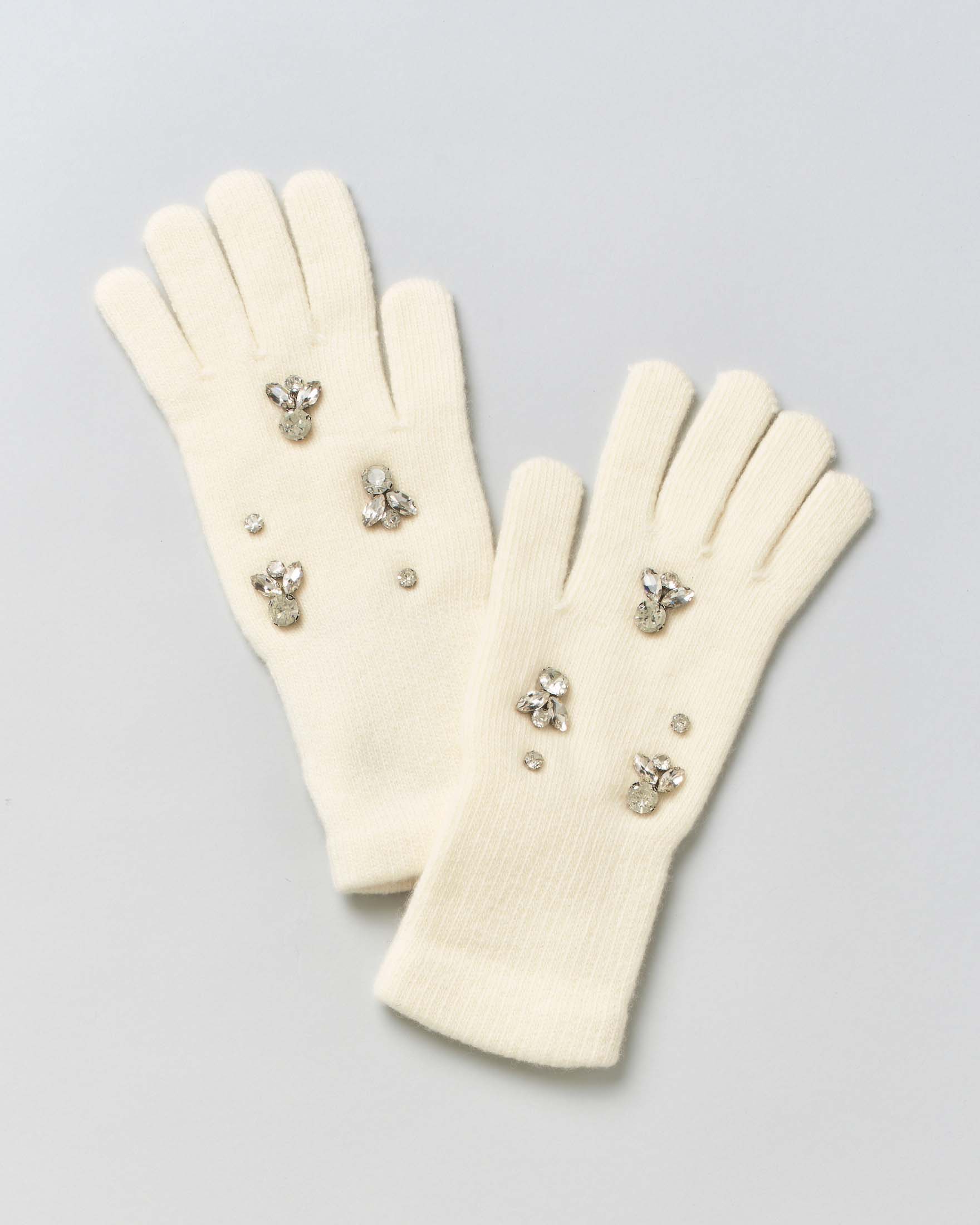 Guanti color panna Hlo! in misto lana con strass gioiello applicati sul dorso