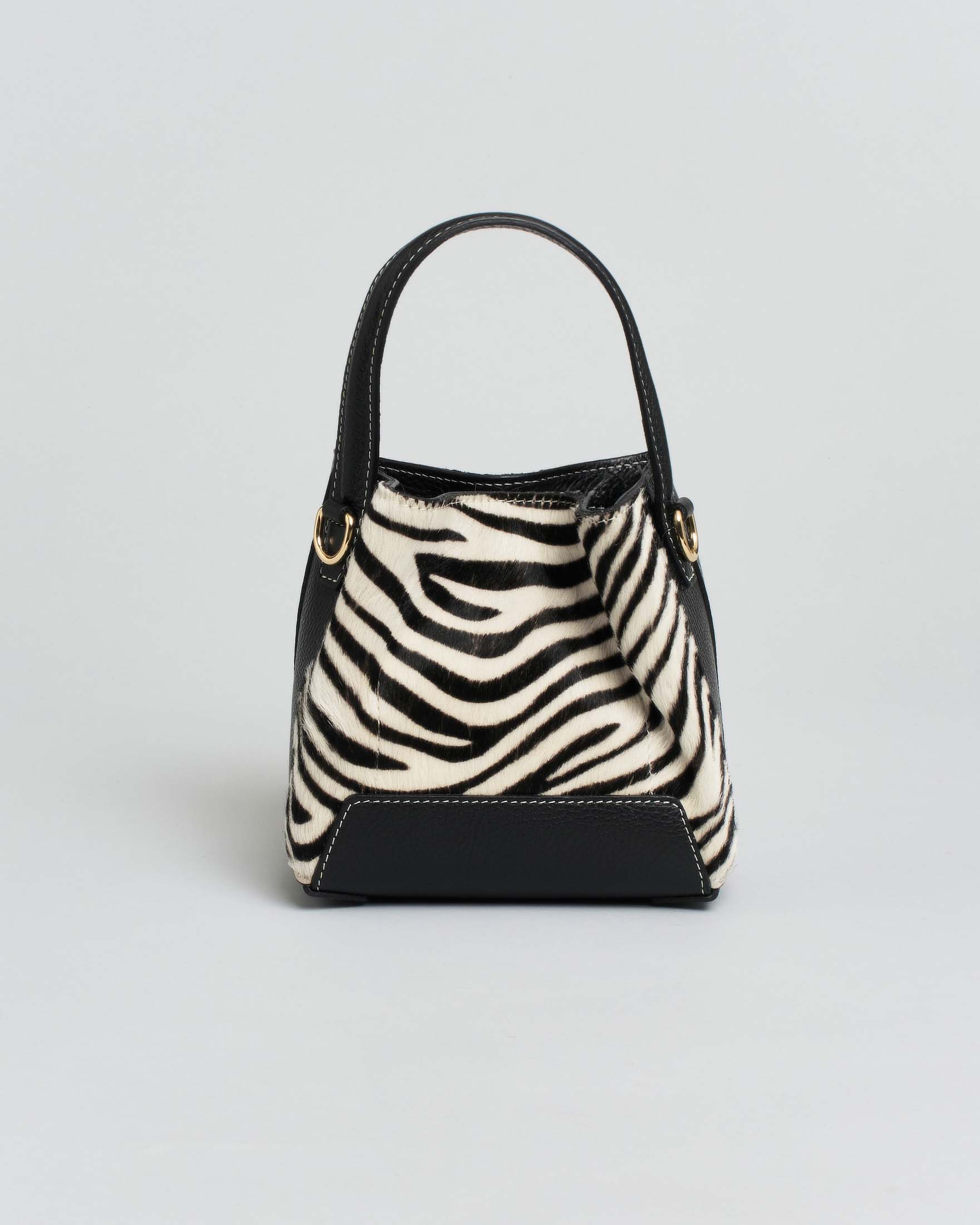 Mini borsa a mano nera Hlo! in pelle a fantasia zebrata con tracolla regolabile