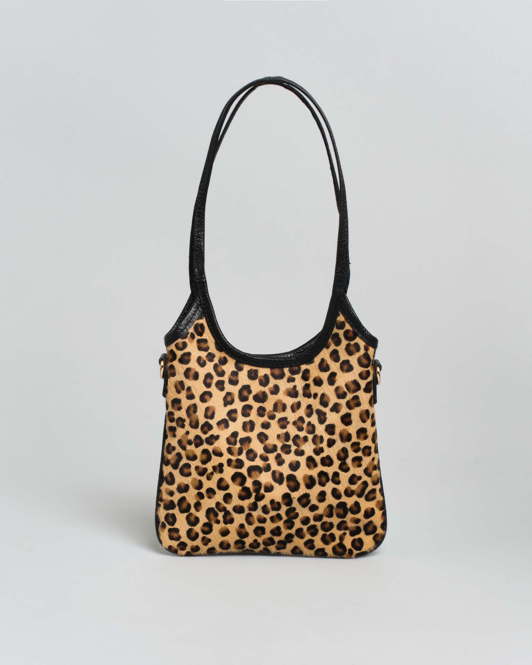 Mini tote bag nera Hlo! in pelle martellata con parte frontale in cavallino leopardato