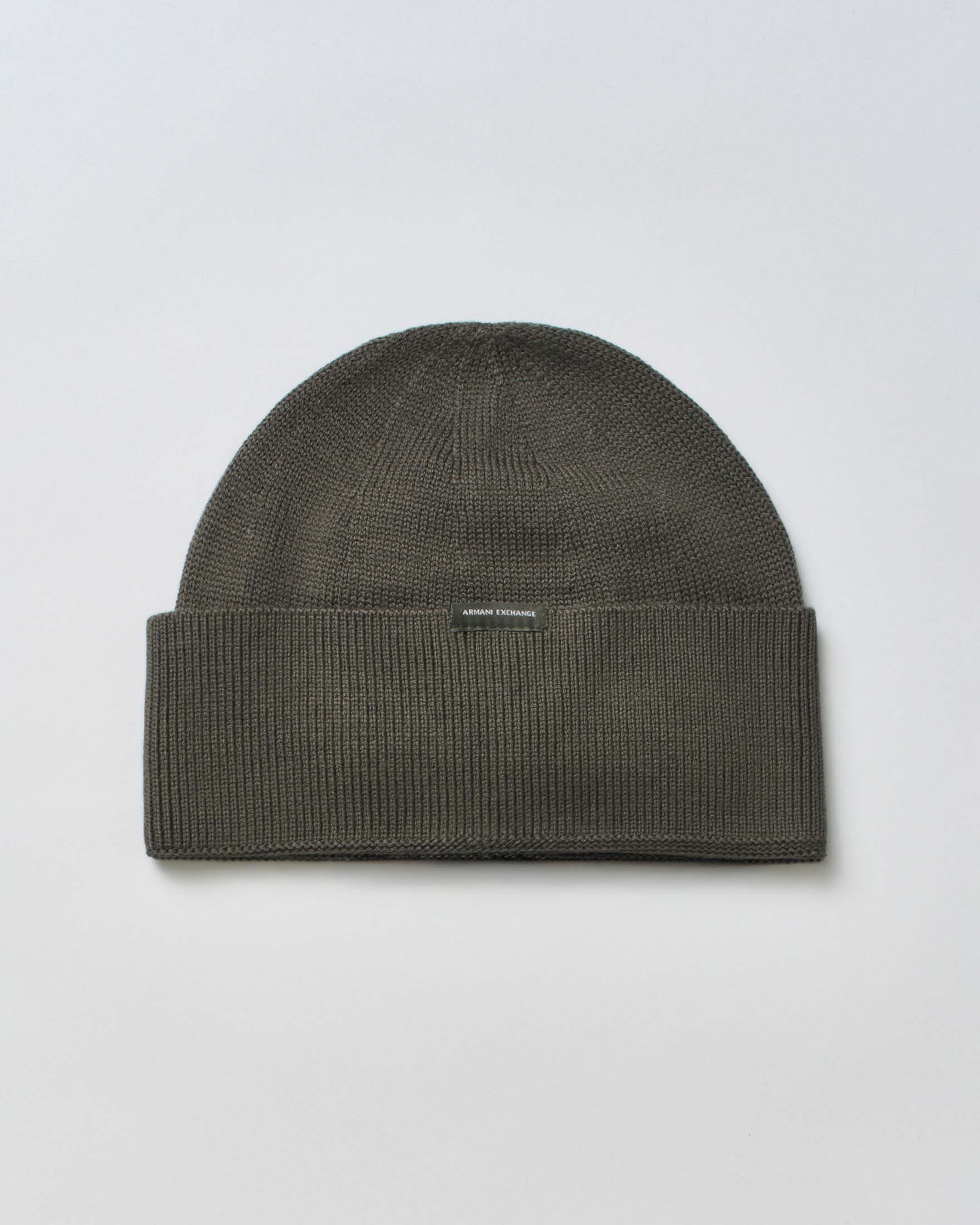 Armani Exchange — Berretto Armani Exchange verde militare in misto lana e cotone a costine con risvolto