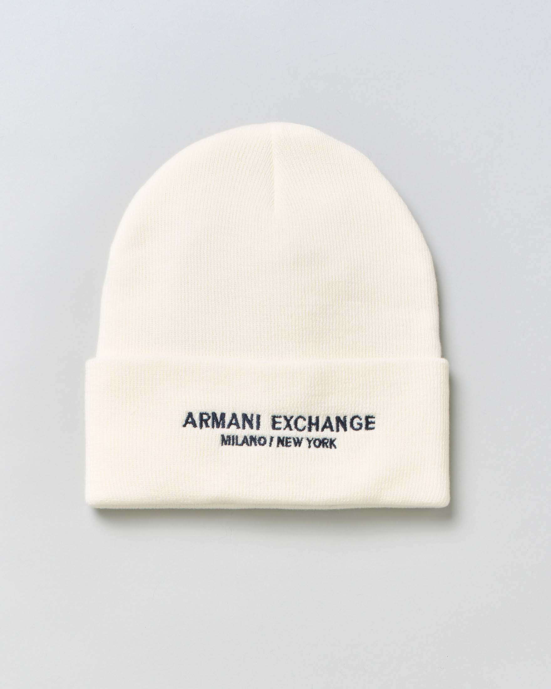Armani Exchange — Berretto Armani Exchange bianco con risvolto e logo ricamato