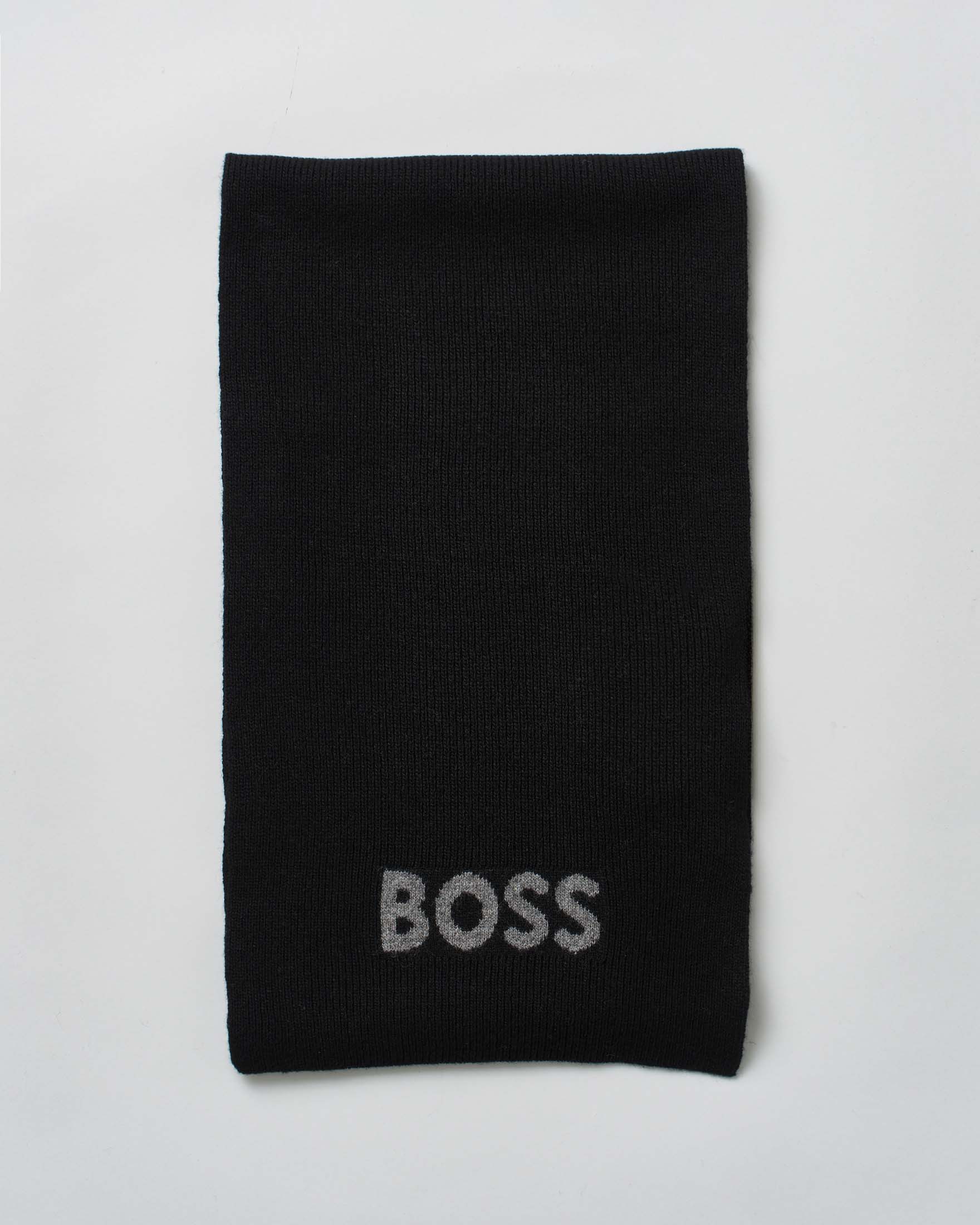 Sciarpa Elios Boss nera in misto lana con logo jacquard in contrasto
