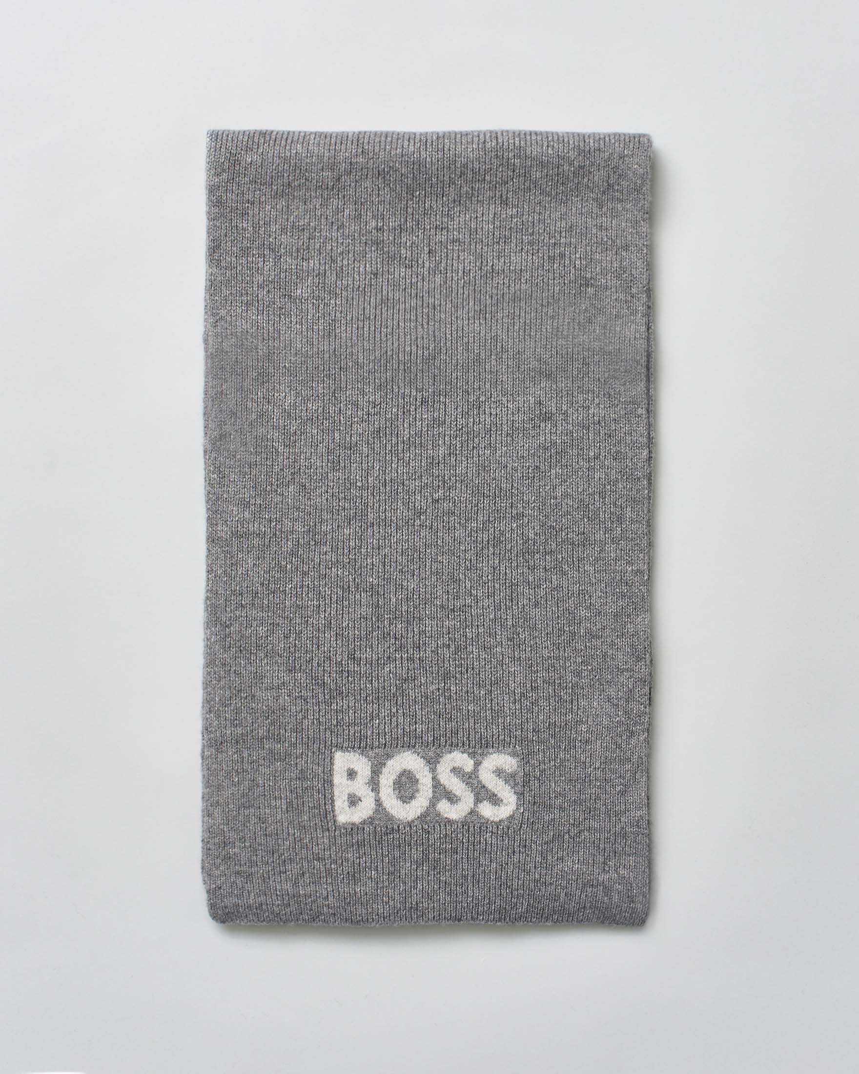 Sciarpa Elios Boss grigia in misto lana con logo jacquard in contrasto