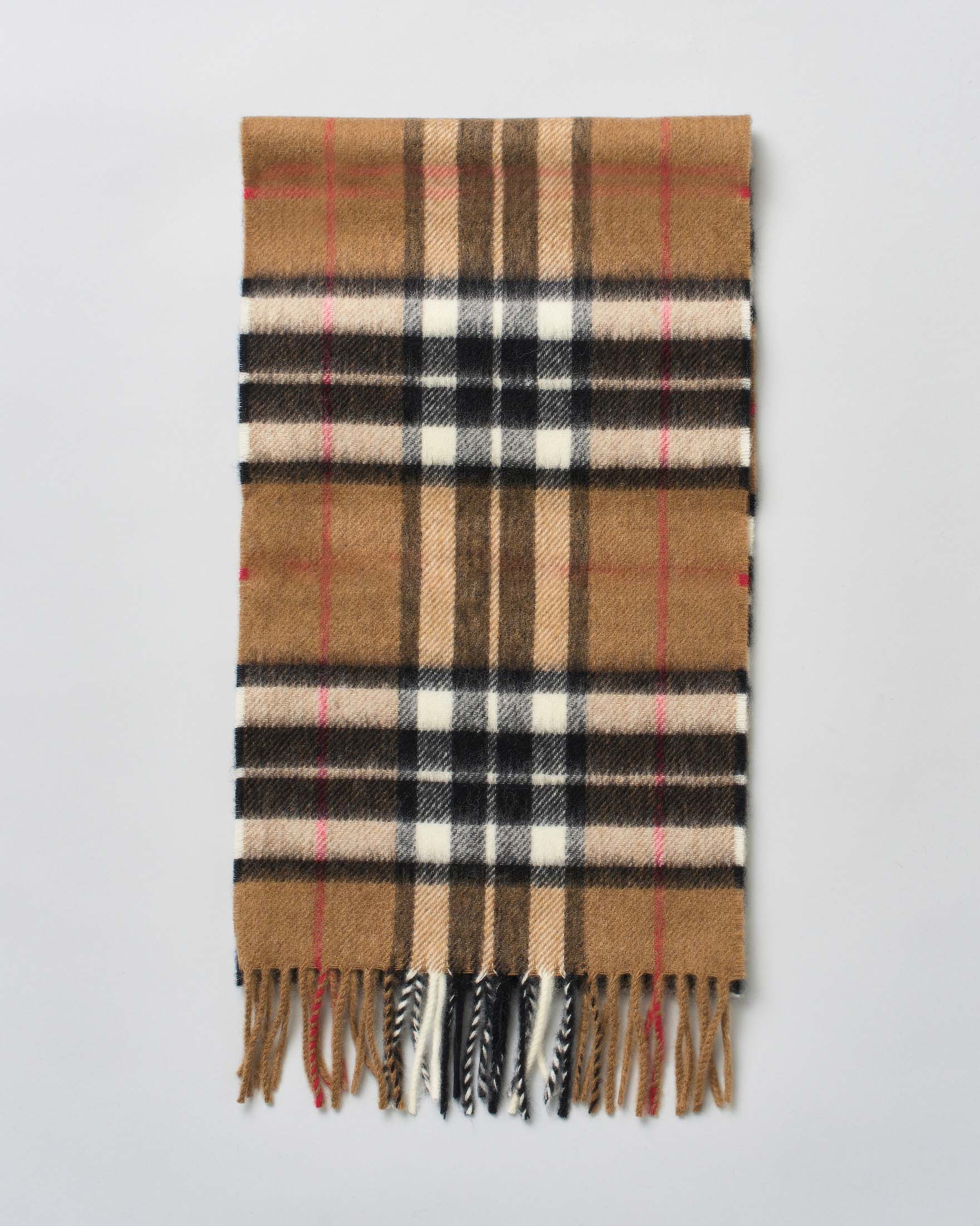 Sciarpa Bronte by Moon in pura lana merinos tartan check cammello e nera rifinita con frange
