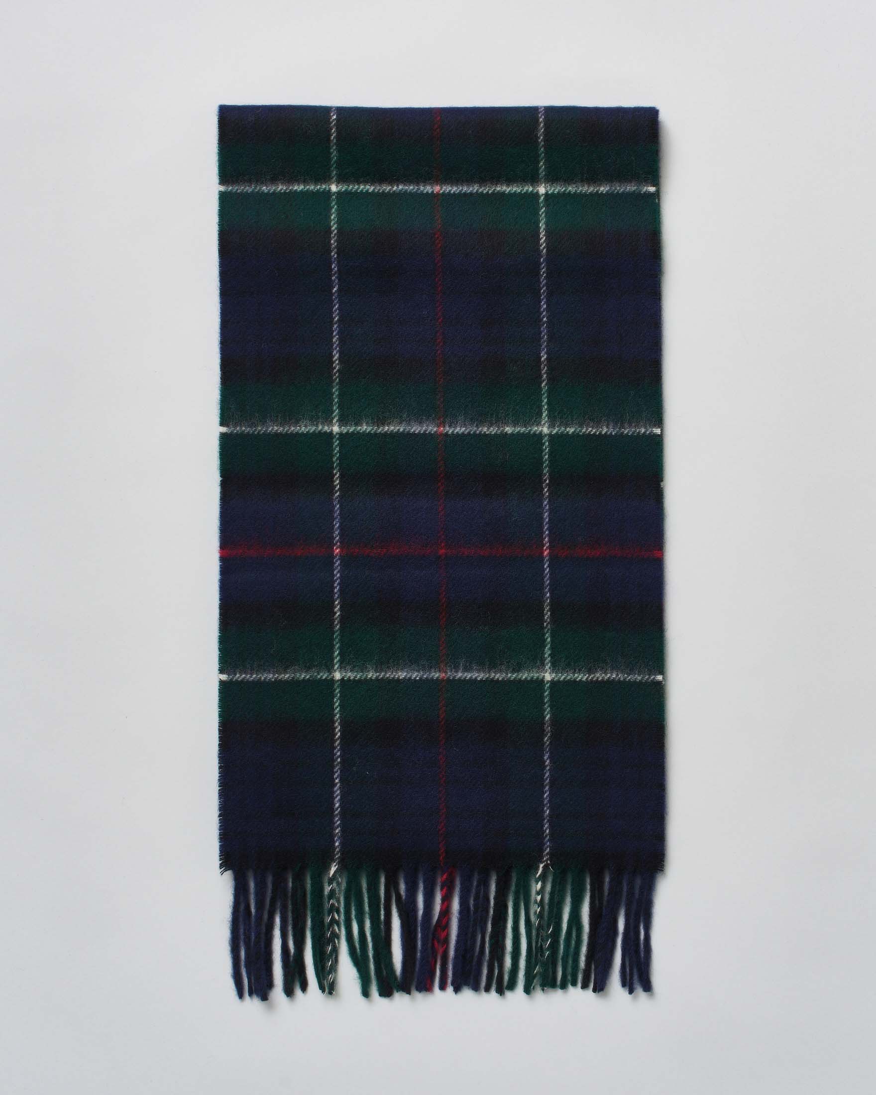 Sciarpa Bronte by Moon in pura lana merinos tartan check blu e verde rifinita con frange