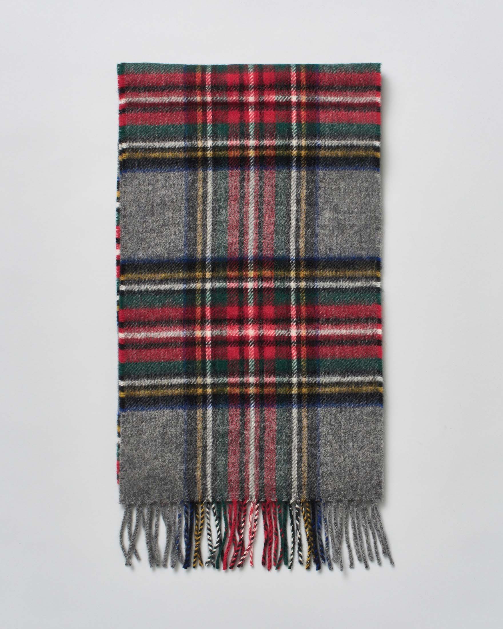 Sciarpa Bronte by Moon in pura lana merinos tartan check grigia e rossa rifinita con frange
