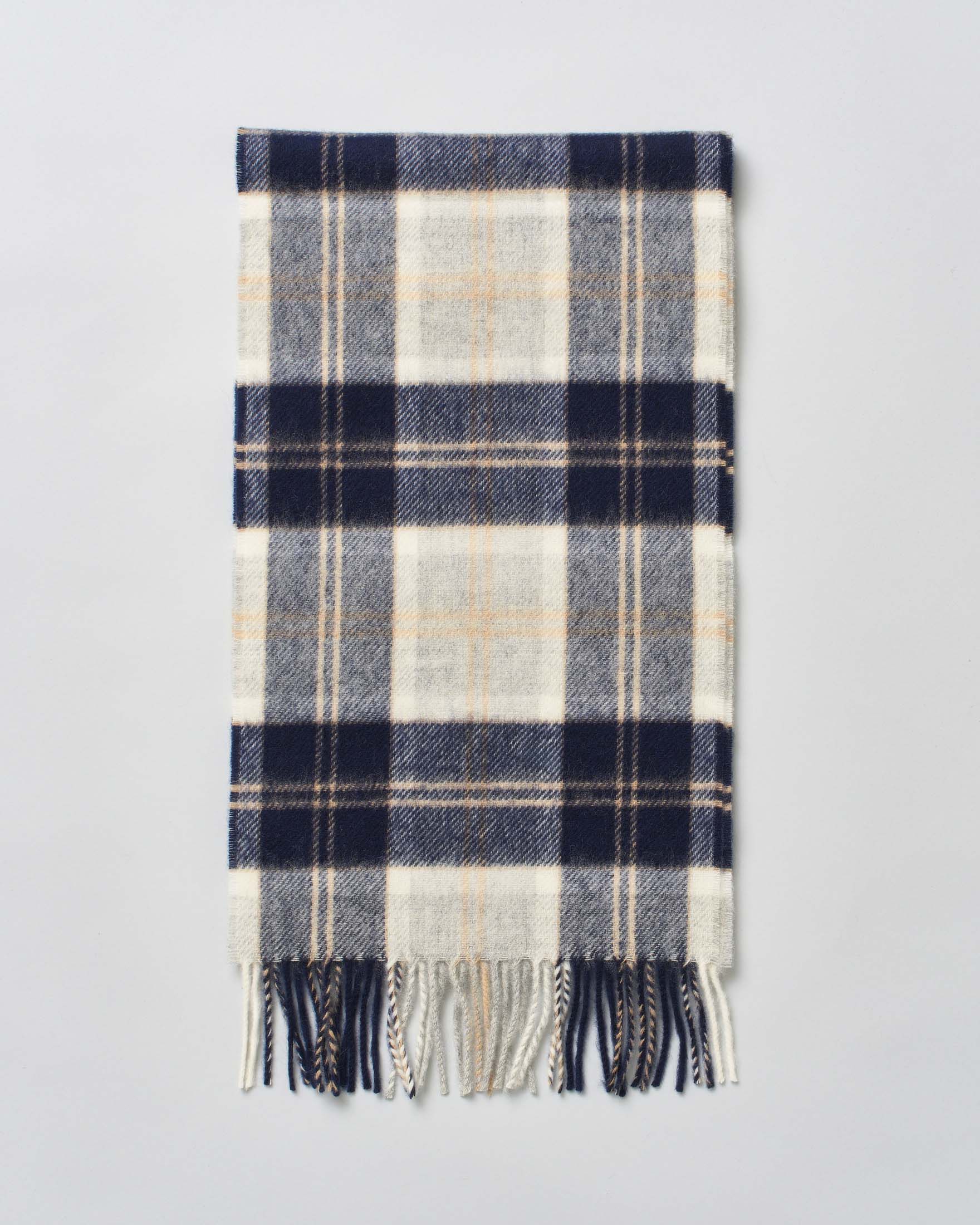 Sciarpa Bronte by Moon in pura lana merinos tartan check panna e blu rifinita con frange