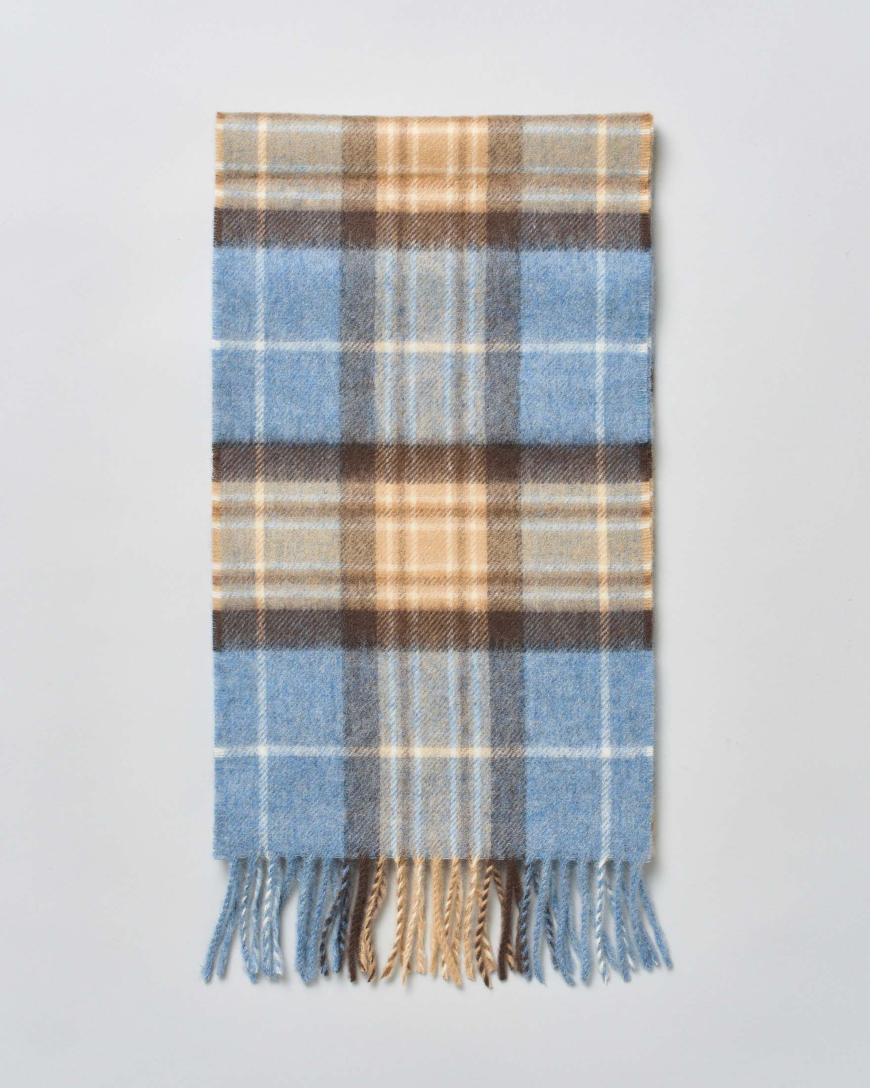 Sciarpa Bronte by Moon in pura lana merinos tartan check azzurra e beige rifinita con frange