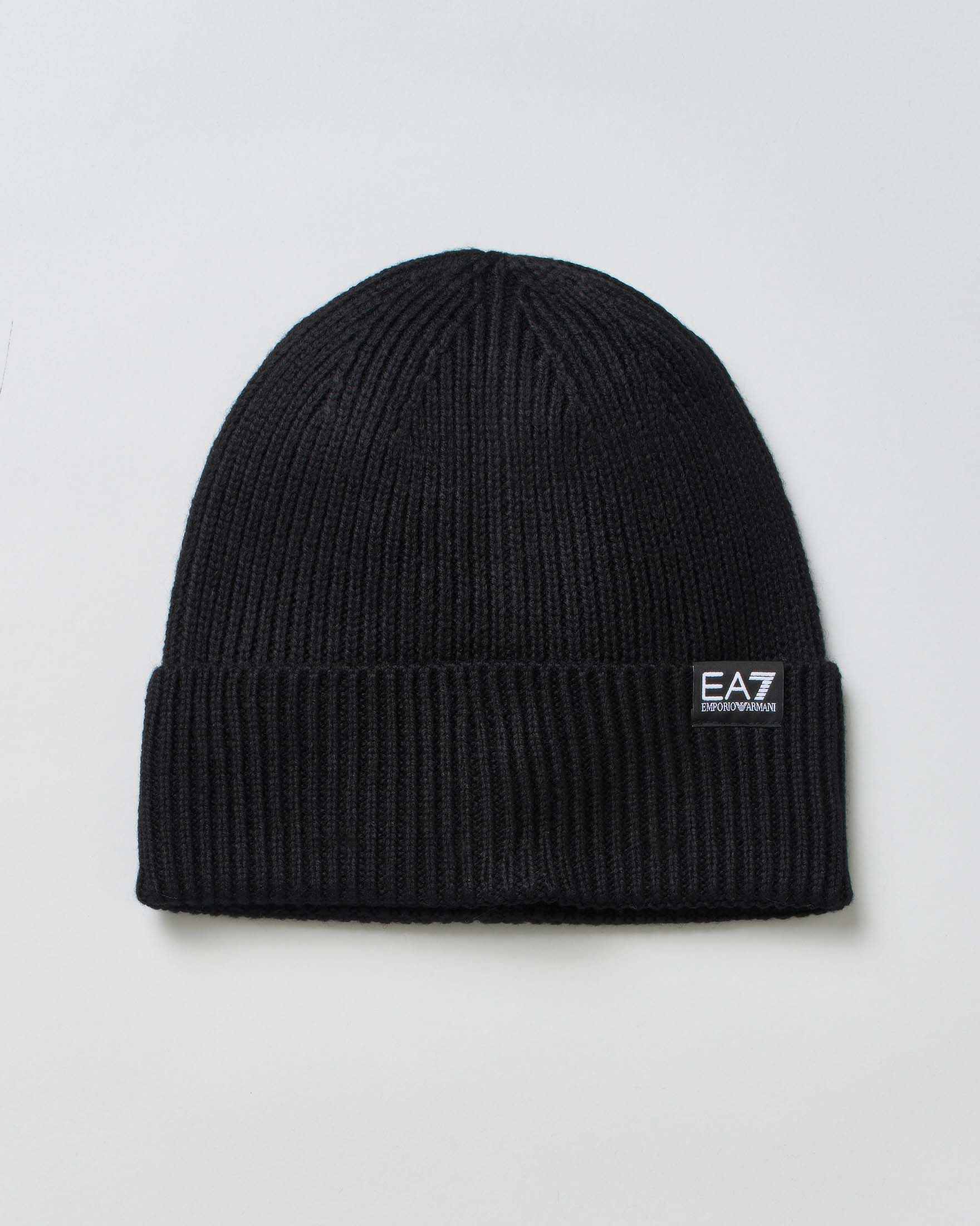 Berretto EA7 nero in misto lana a coste con risvolto