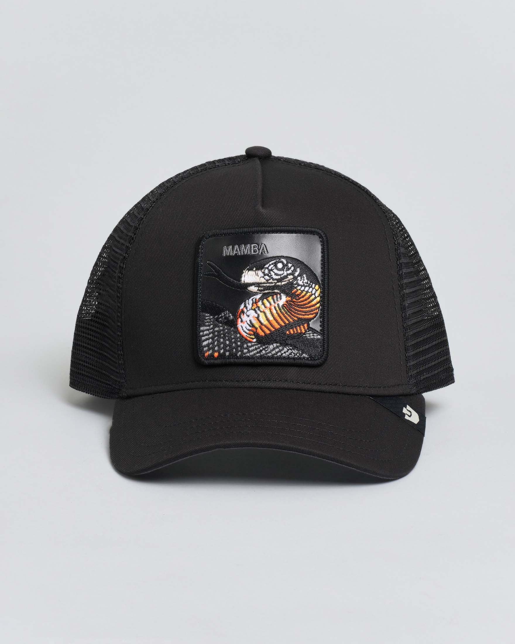 Berretto Goorin Bros trucker Mamba nero con patch serpente in similpelle