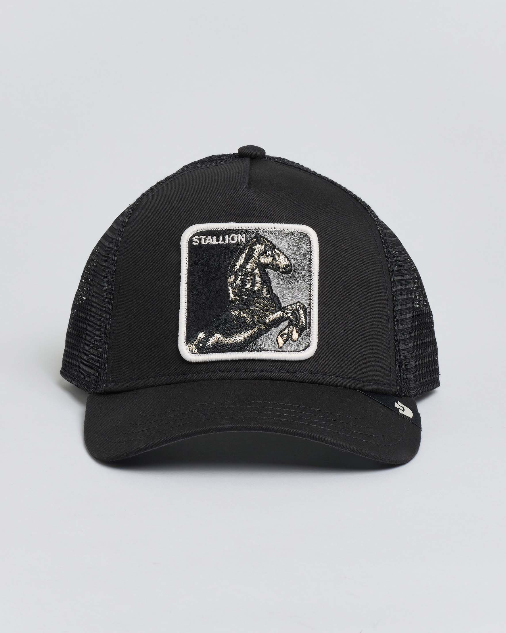 Berretto Goorin Bros trucker Stallion nero con patch cavallo rampante in similpelle