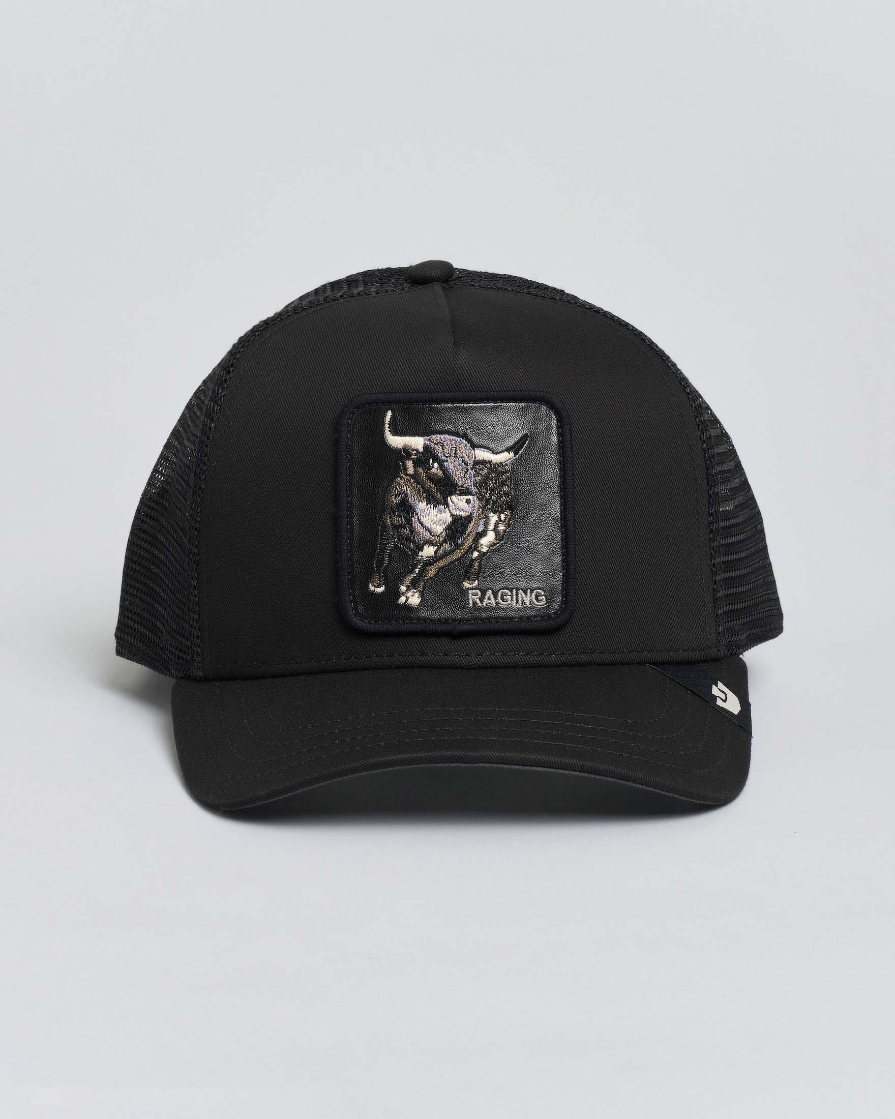 Berretto Goorin Bros trucker Raging nero con patch toro in similpelle