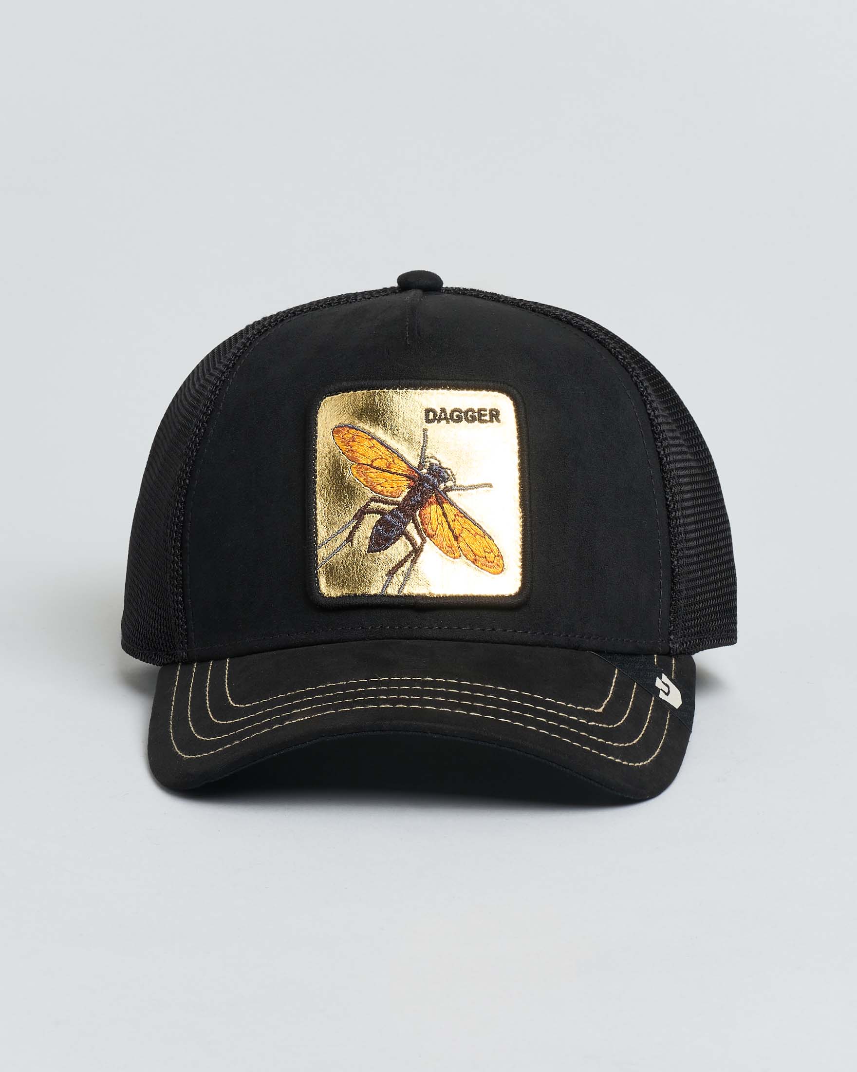 Berretto Goorin Bros trucker Dagger nero con patch in similpelle oro
