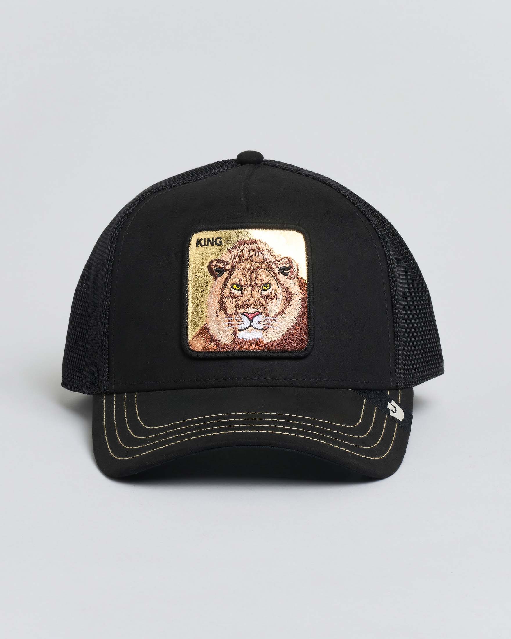 Berretto Goorin Bros trucker King nero con patch leone in similpelle oro