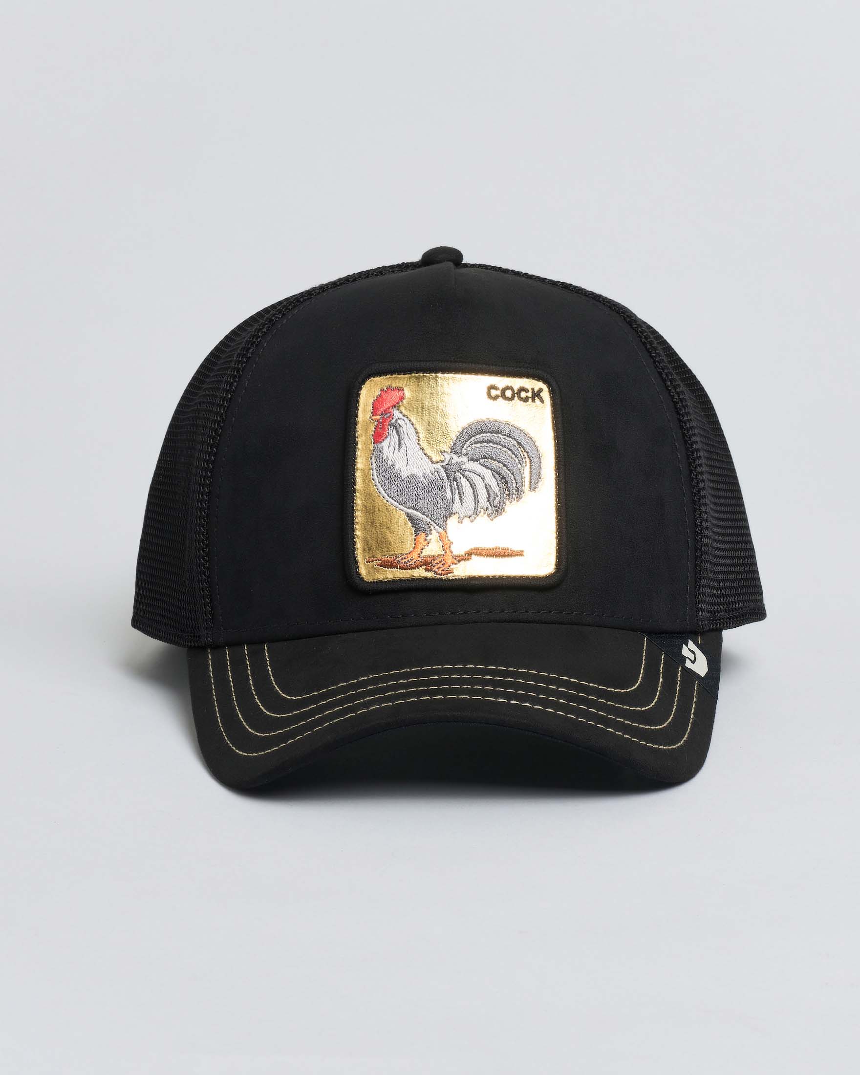 Berretto Goorin Bros trucker Cock nero con patch gallo in similpelle oro