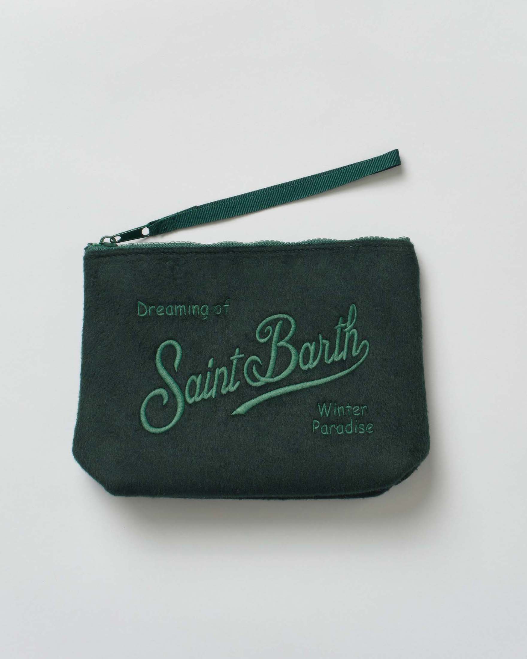 Pochette Aline Felt verde in misto lana con logo ricamato fronte e retro