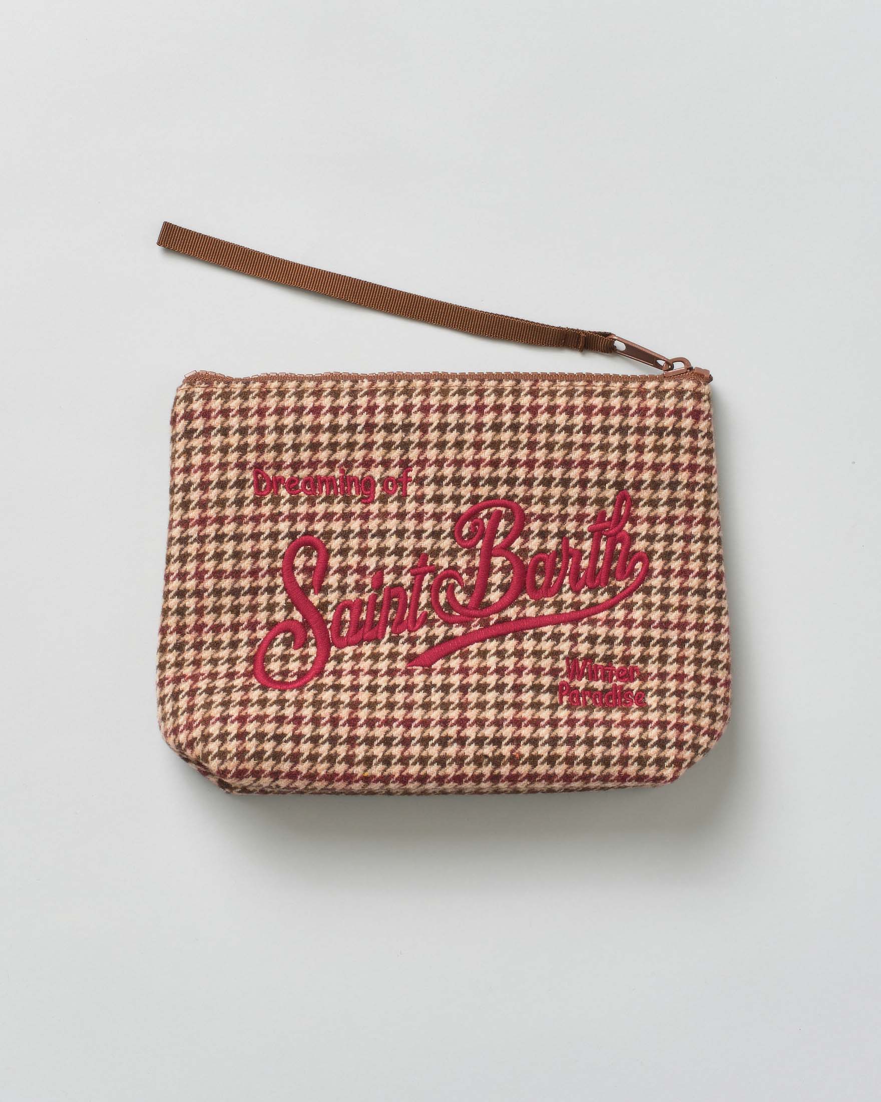 Pochette Aline cammello in tessuto a effetto lana pied de poule con logo bordeaux ricamato fronte e retro image