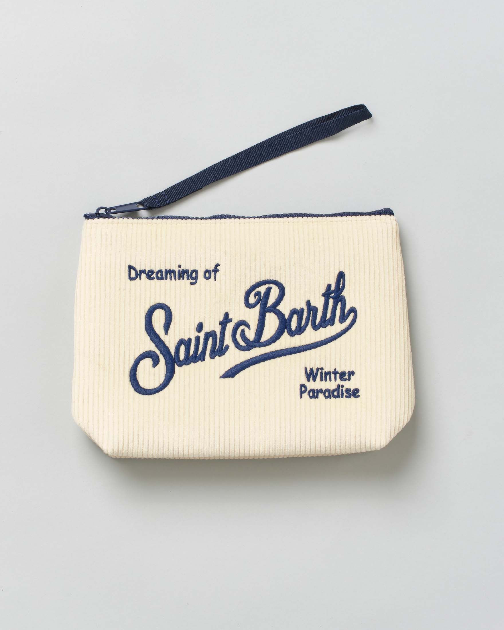 Pochette Aline Corduroy panna in velluto di cotone con logo blu ricamato fronte e retro