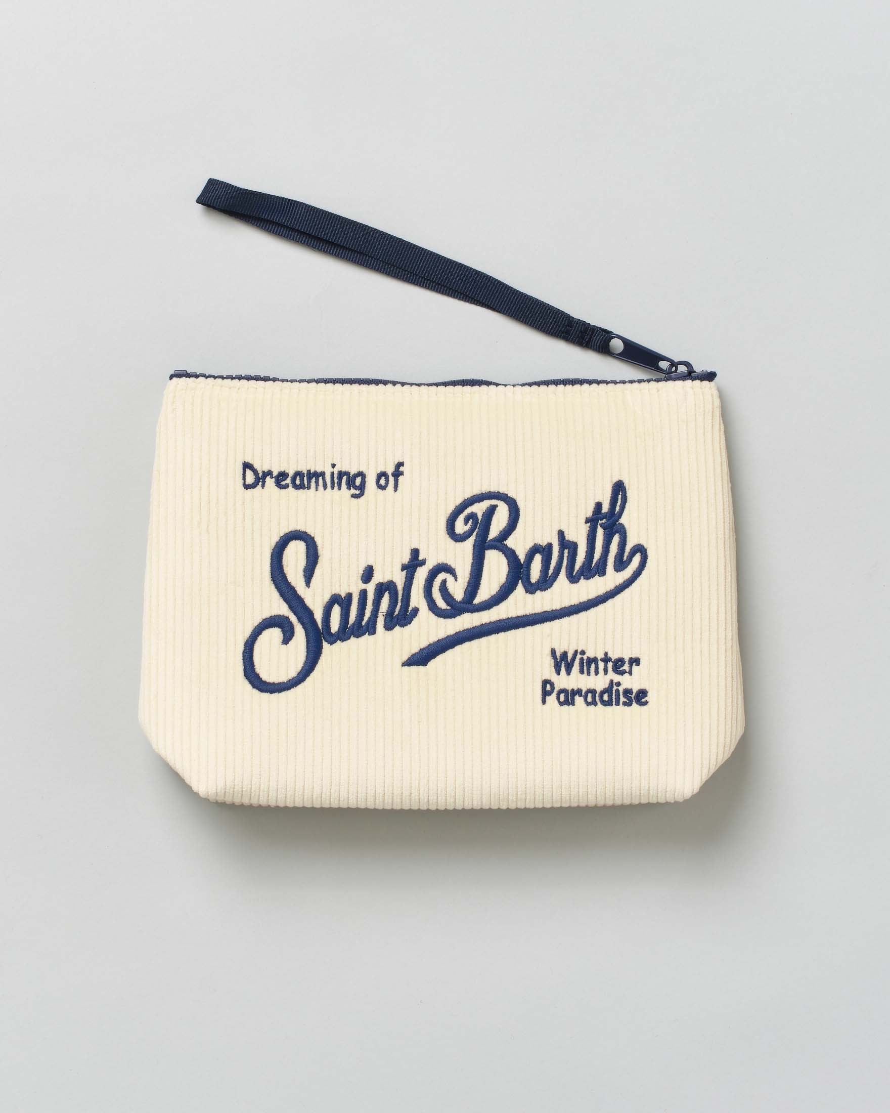 Pochette Aline Corduroy panna in velluto di cotone con logo blu ricamato fronte e retro image