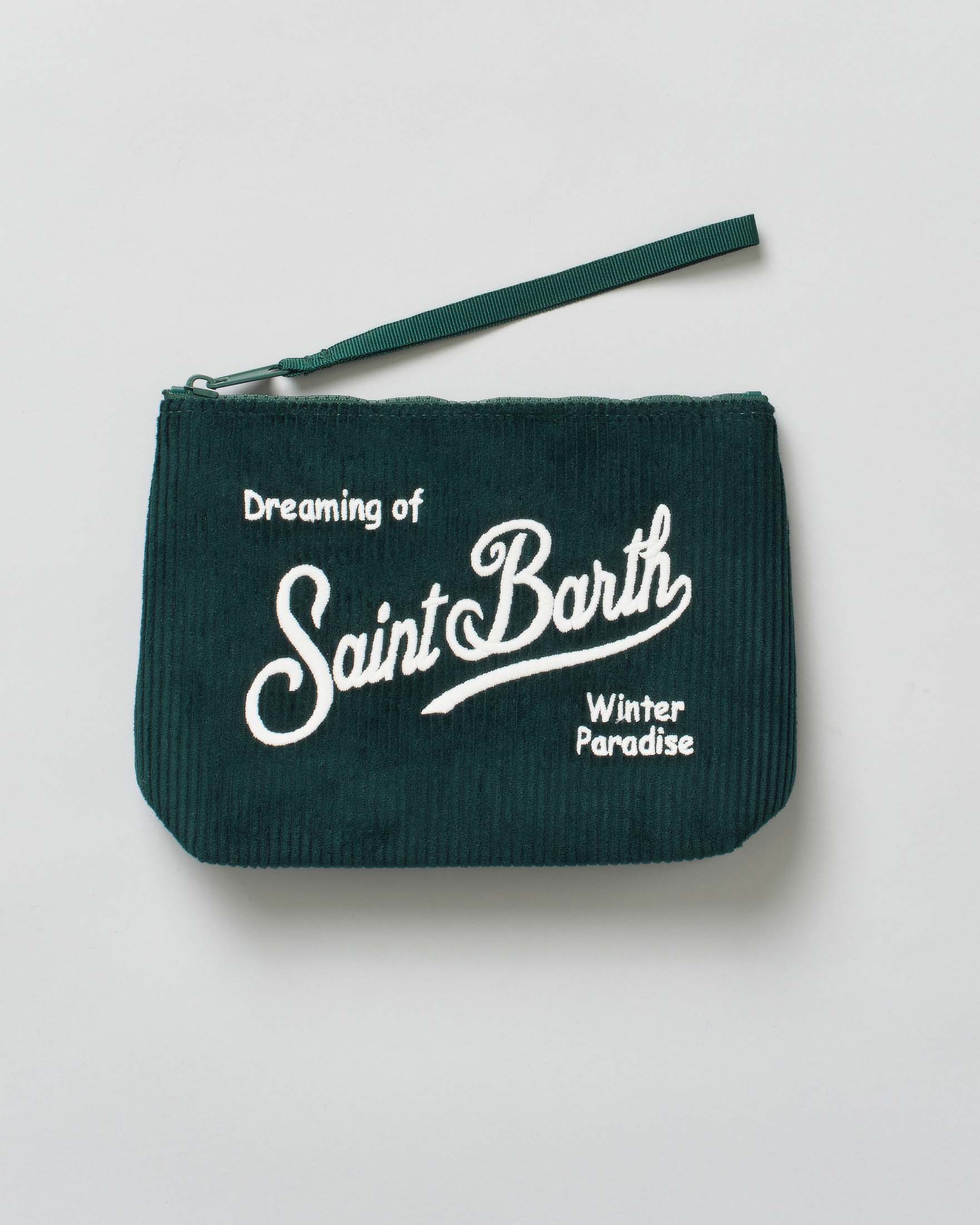 Pochette Aline Corduroy verde in velluto di cotone con logo bianco ricamato fronte e retro
