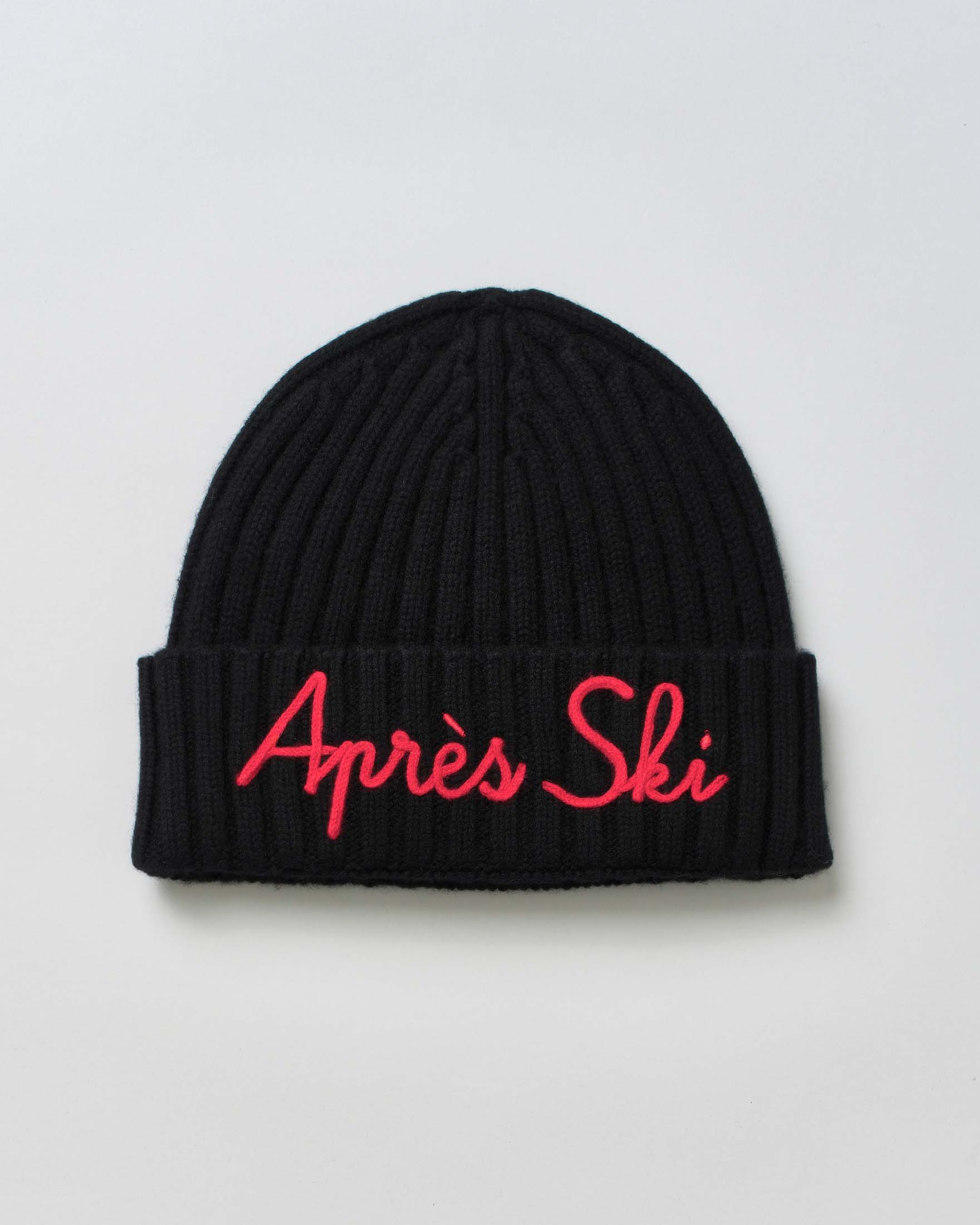 Berretto nero MC2 Saint Barth in lana e cashmere a coste con ricamo Après Ski rosso sul risvolto