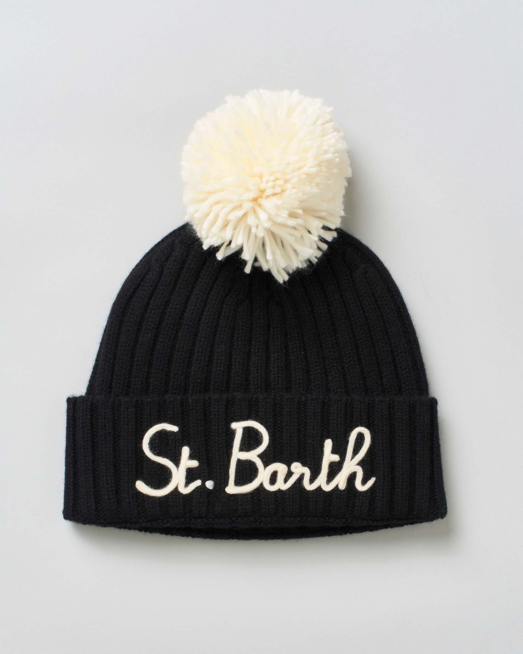 Berretto MC2 Saint Barth nero in maglia di lana e cachemire a coste inglesi con ricamo logo e pompon panna