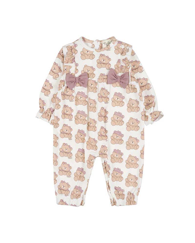 Tutina Nanan in puro cotone con fiocchi lilla ed orsetti all over