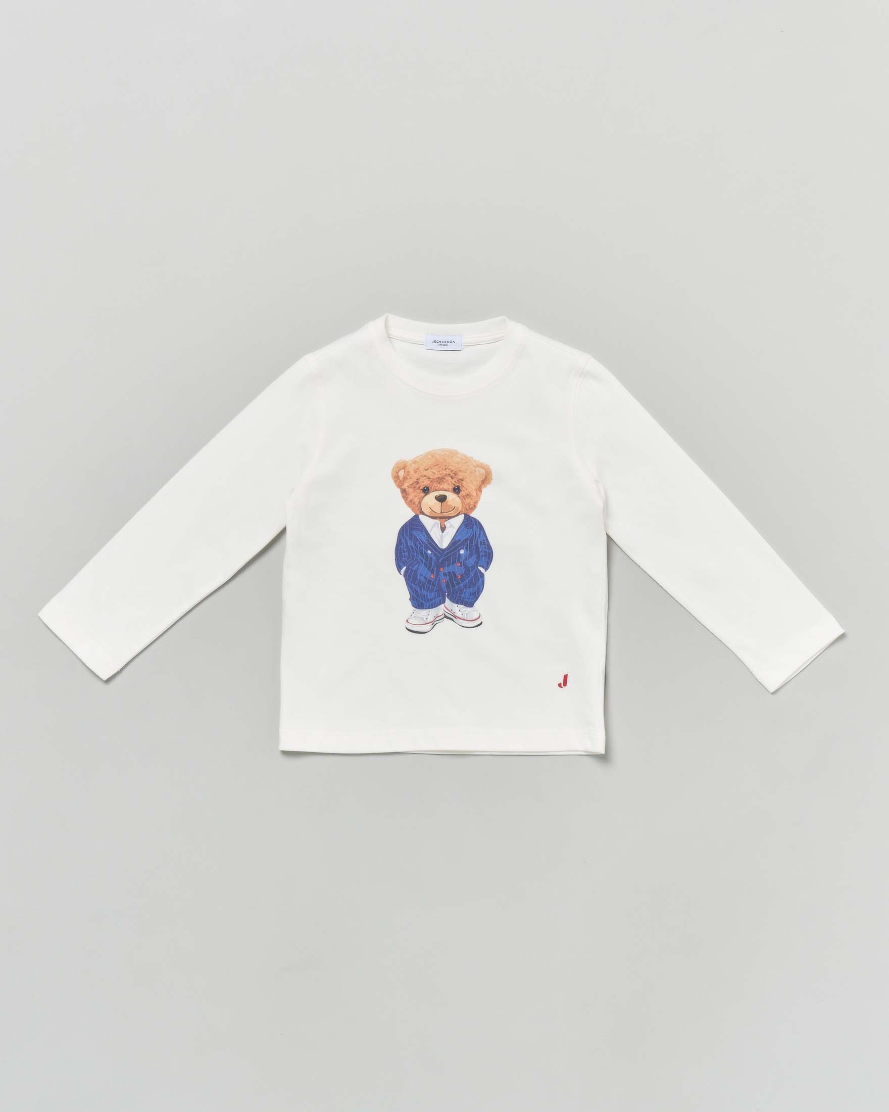 T-shirt Guess a maniche lunghe bianca in puro cotone con stampa orsetto