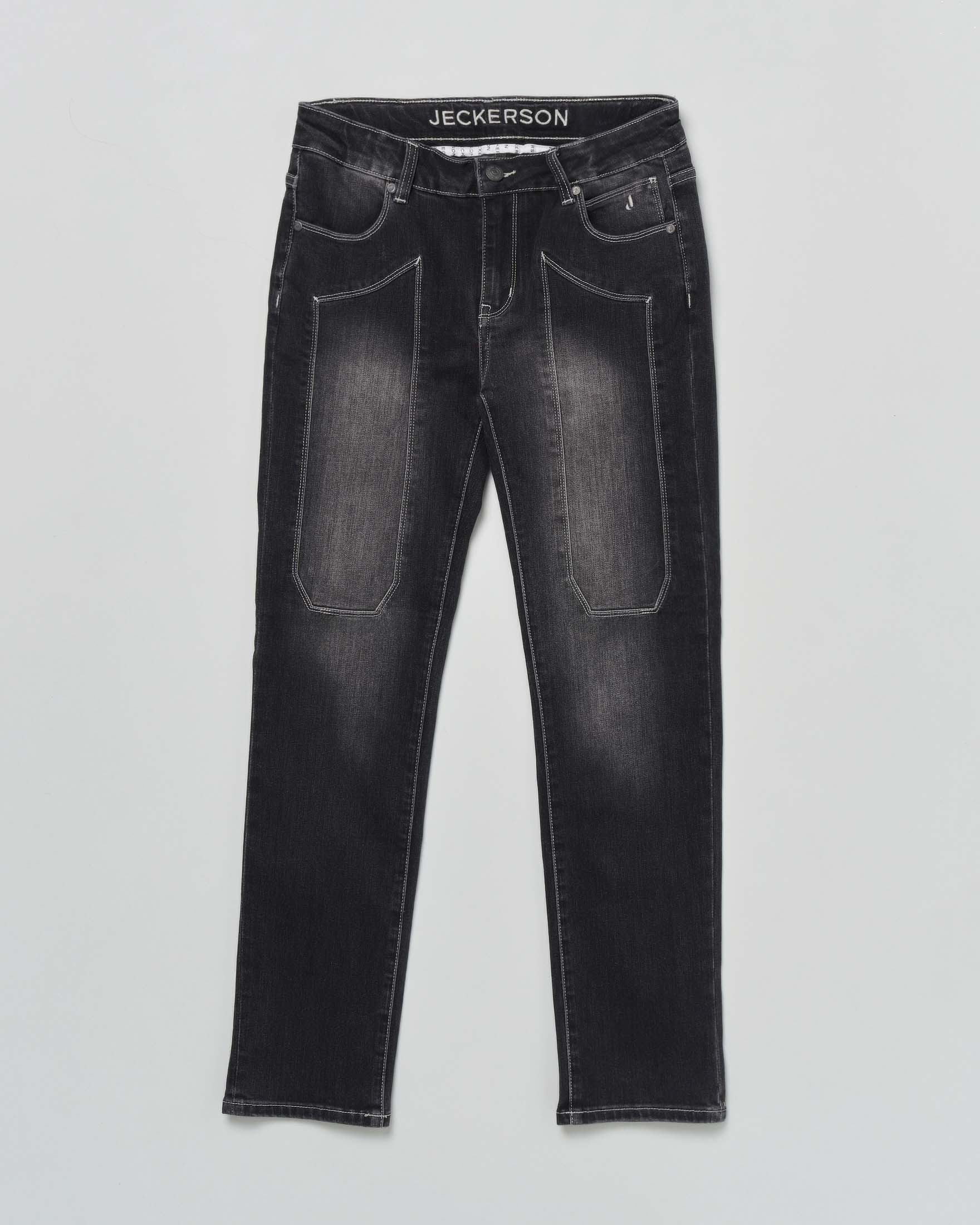 Jeans Jeckerson slim in misto cotone stretch a lavaggio nero stone washed con toppe