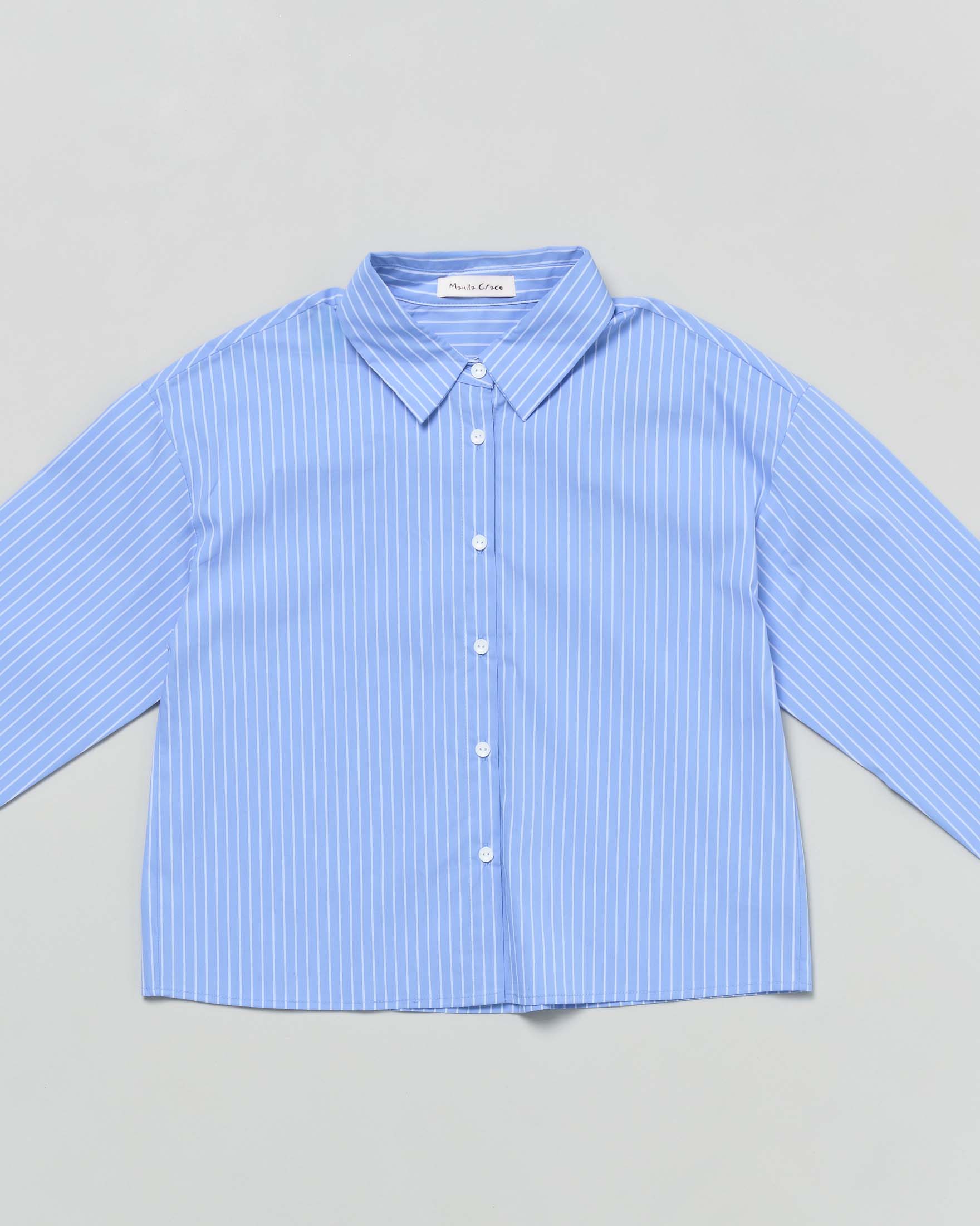 Camicia Manila Grace azzurra a righe in Oxford di misto cotone a maniche lunghe image