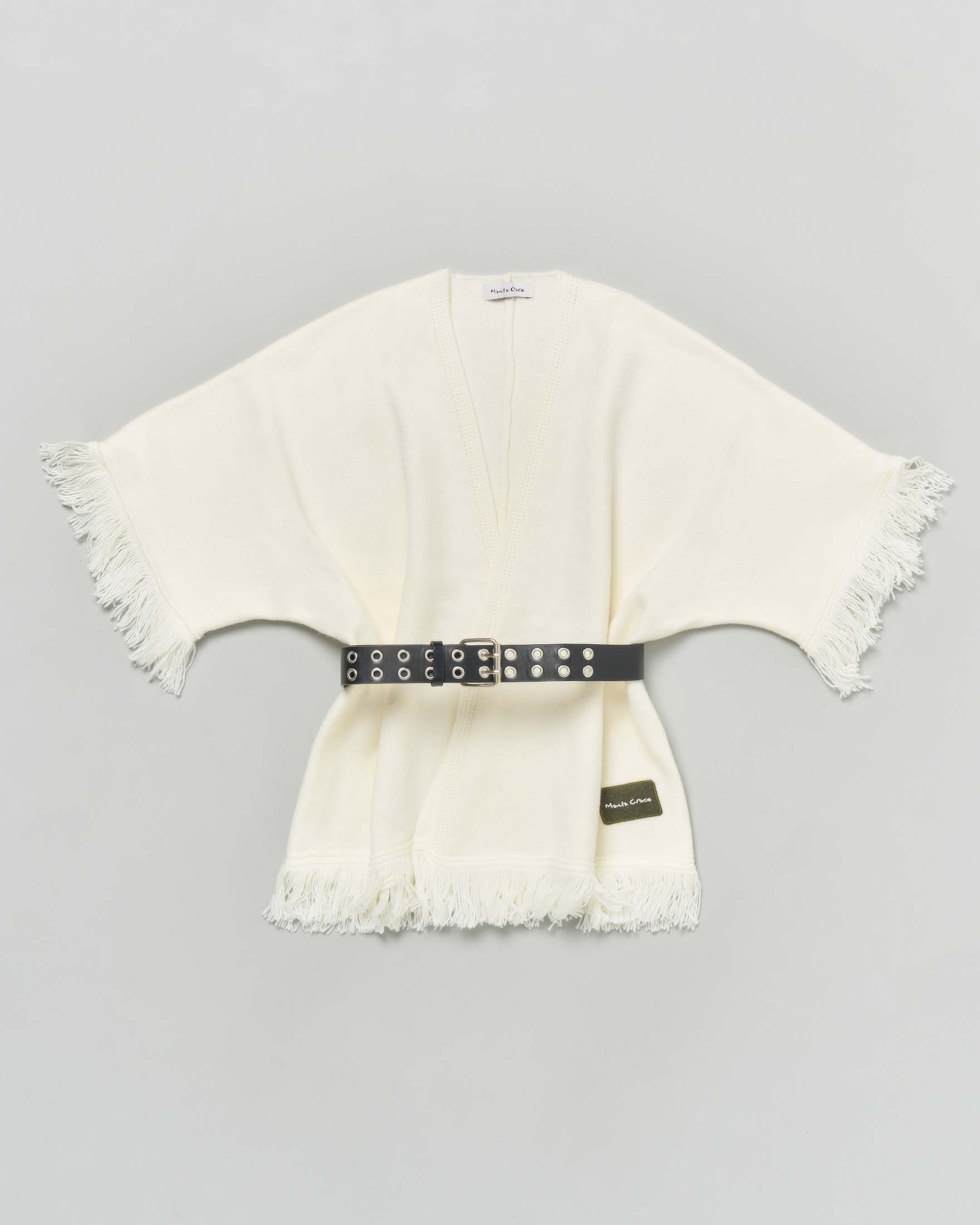 Cardigan Manila Grace panna con frange e cintura nera in ecopelle
