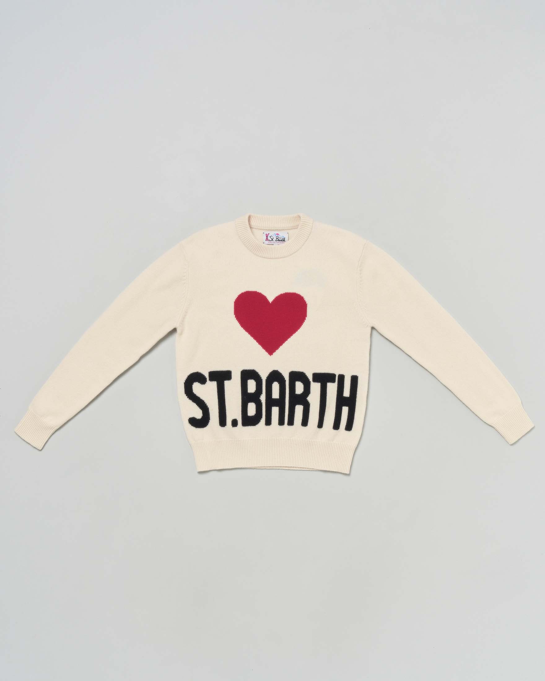 Maglioncino panna MC2 Saint Barth in misto lana e cashmere con cuore e scritta 'St.Barth'