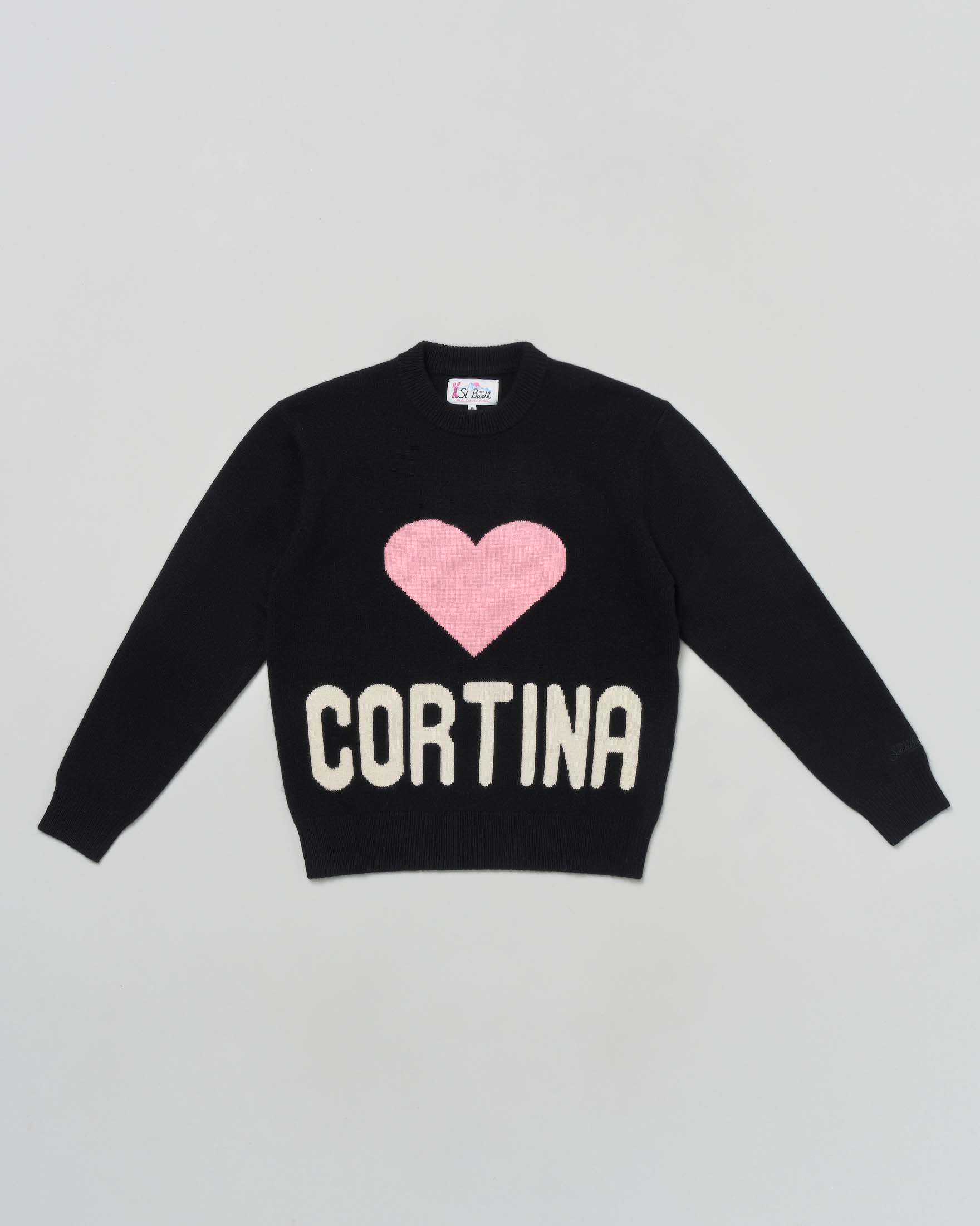 Maglioncino nero MC2 Saint Barth in pura lana con cuore e scritta 'Cortina'