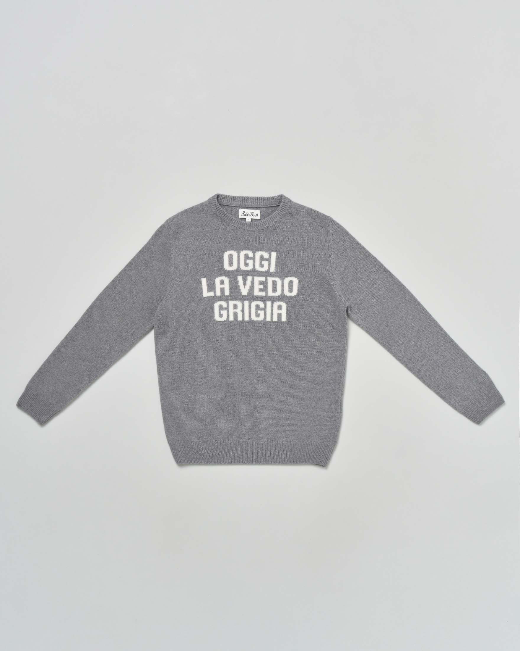 Maglia grigia MC2 Saint Barth girocollo in misto lana con scritta Oggi la vedo grigia