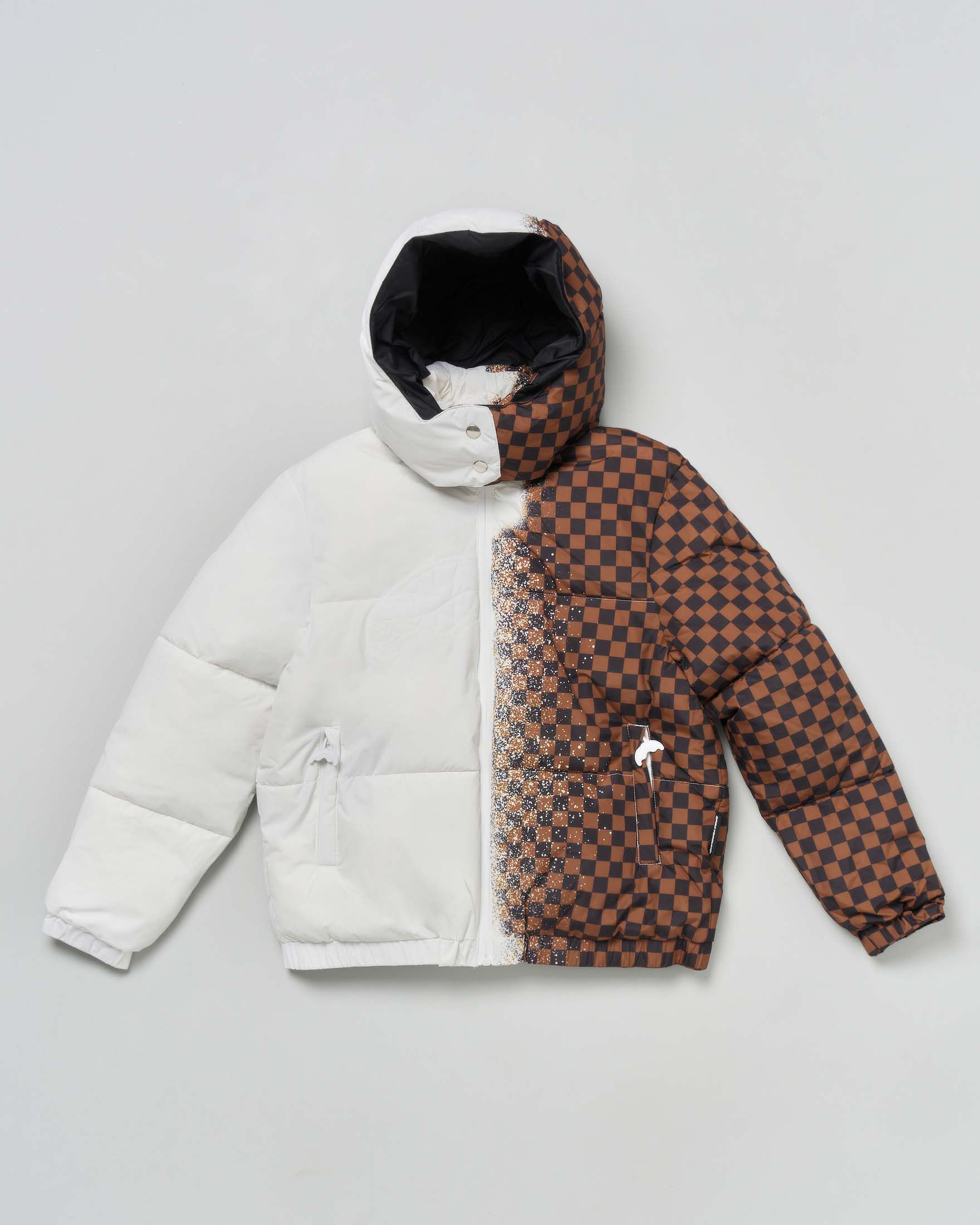 Piumino Sprayground bianco e marrone checkered con cappuccio