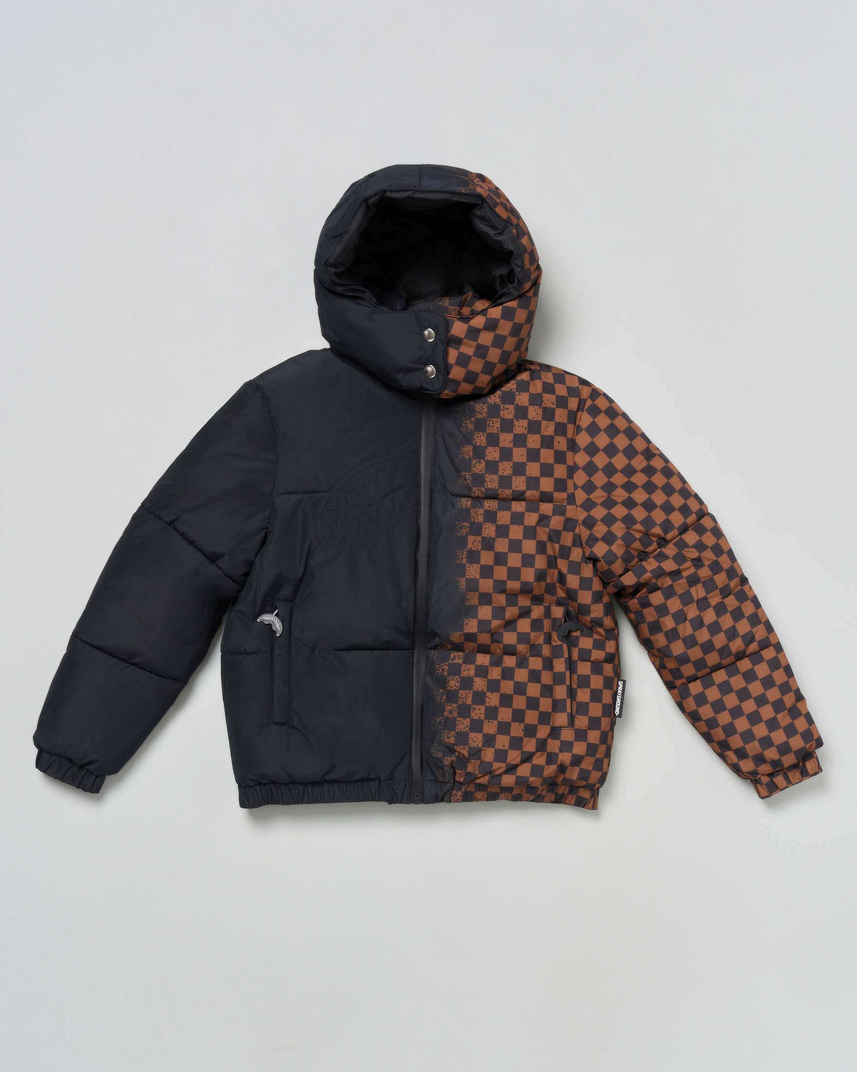 Piumino Sprayground nero e marrone checkered con cappuccio