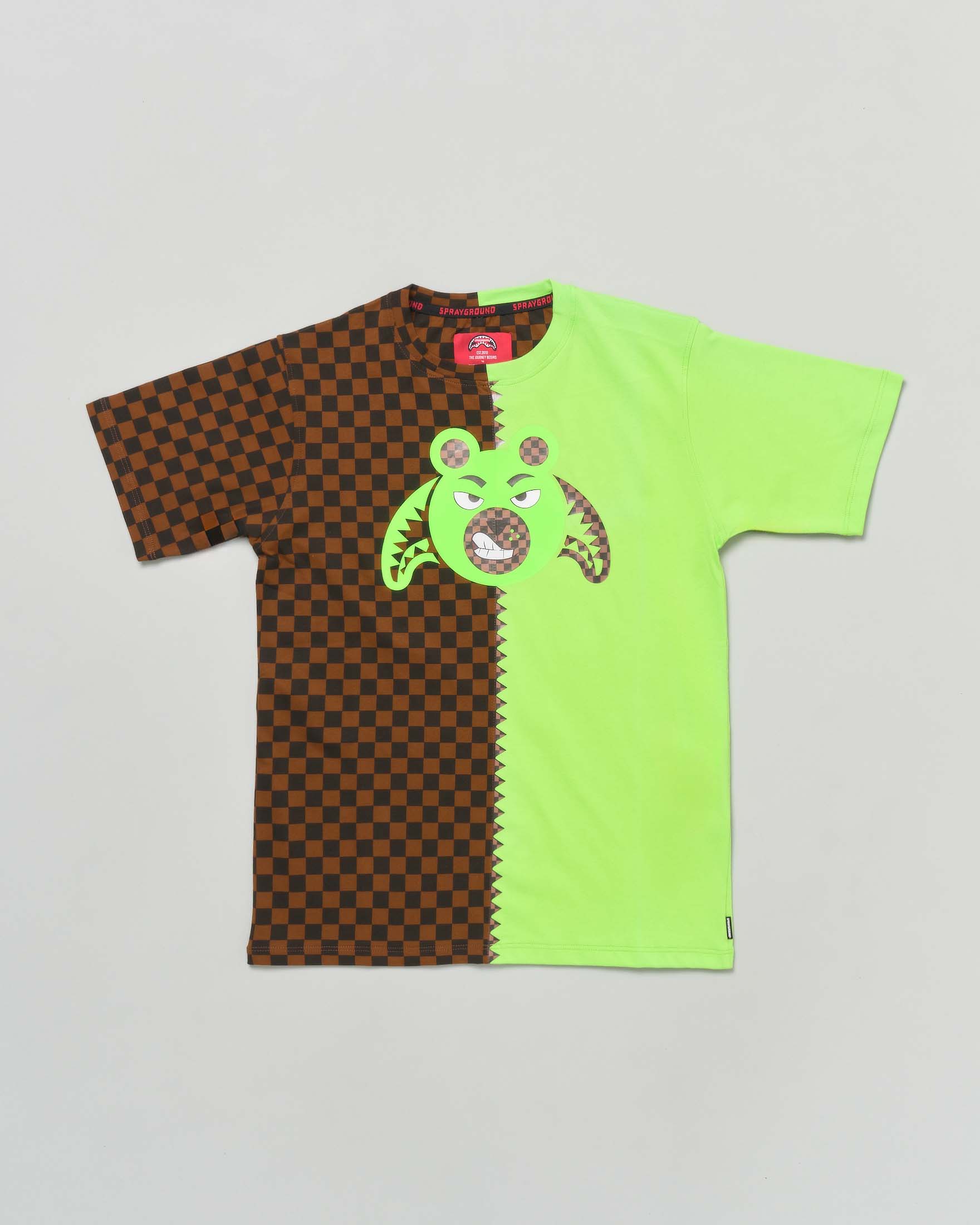 T-shirt in cotone verde acido e marrone checkered con orsetto